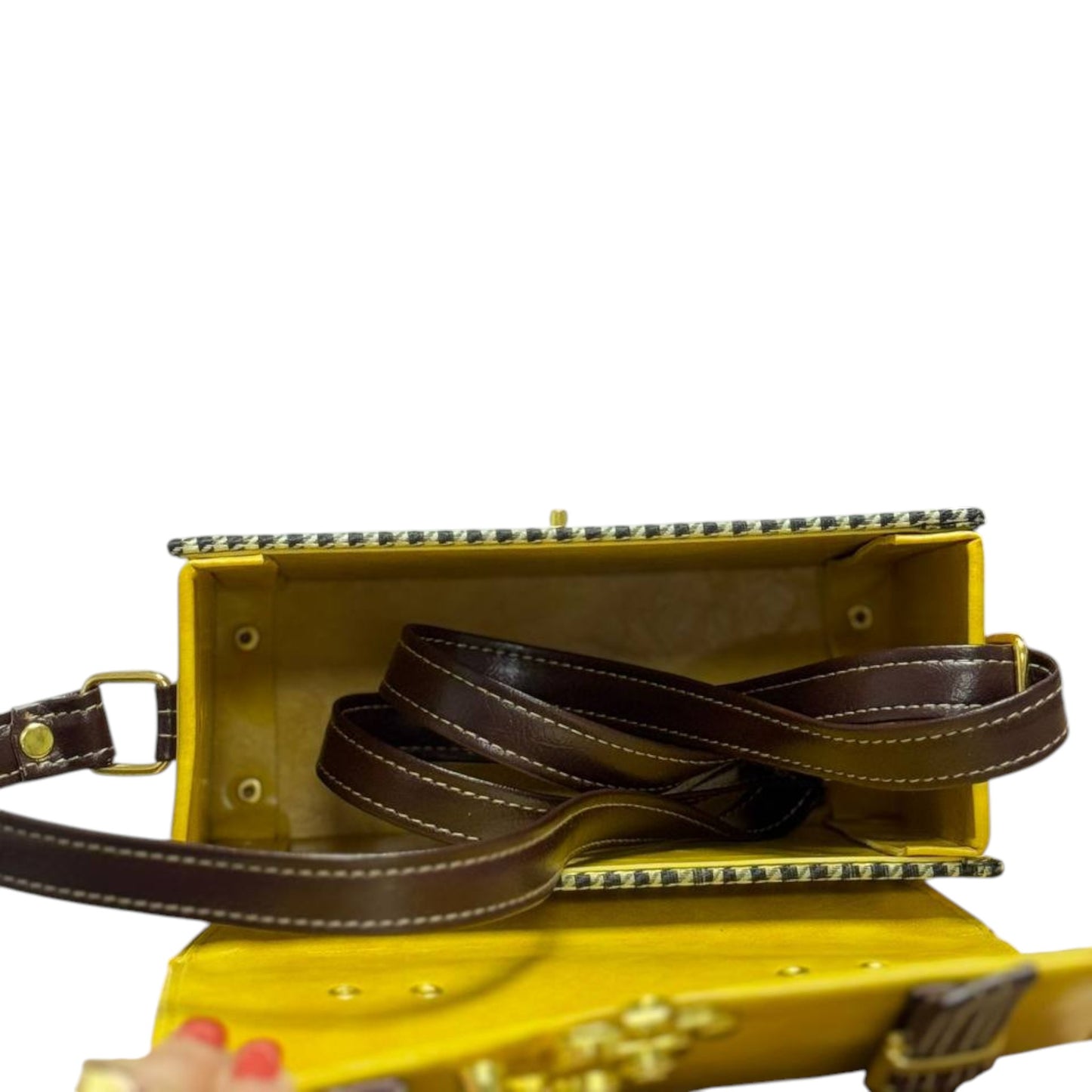 Handmade Vegan Leather Satchel – Mustard & Brown with Houndstooth Fabric | Classic Crossbody Bag 21x15x9 cm