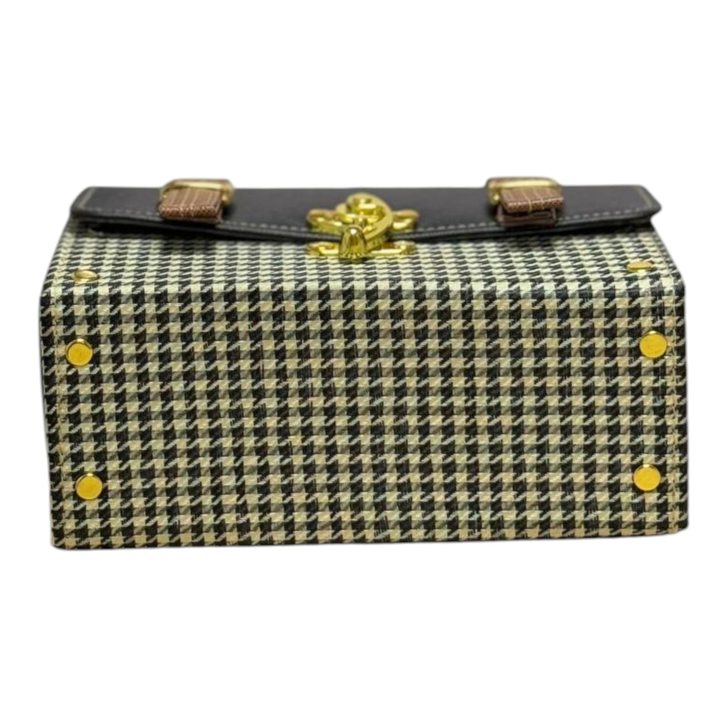 Handmade French Vegan Leather Handbag – Black & Houndstooth with Tan Straps (21×15×9 cm)