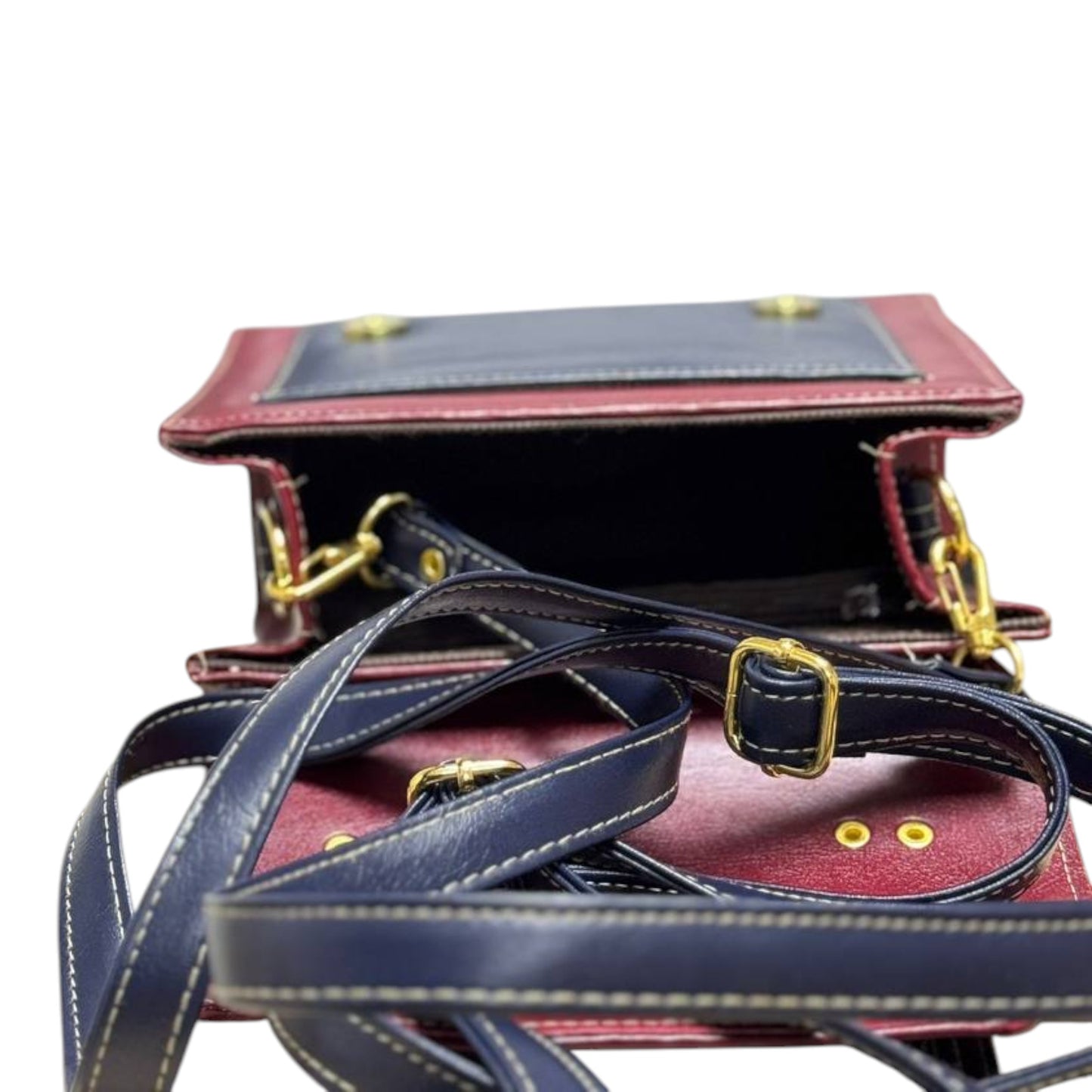 Handmade French Vegan Leather Backpack – Burgundy & Black with Gold Hardware (21x 20×10 cm)