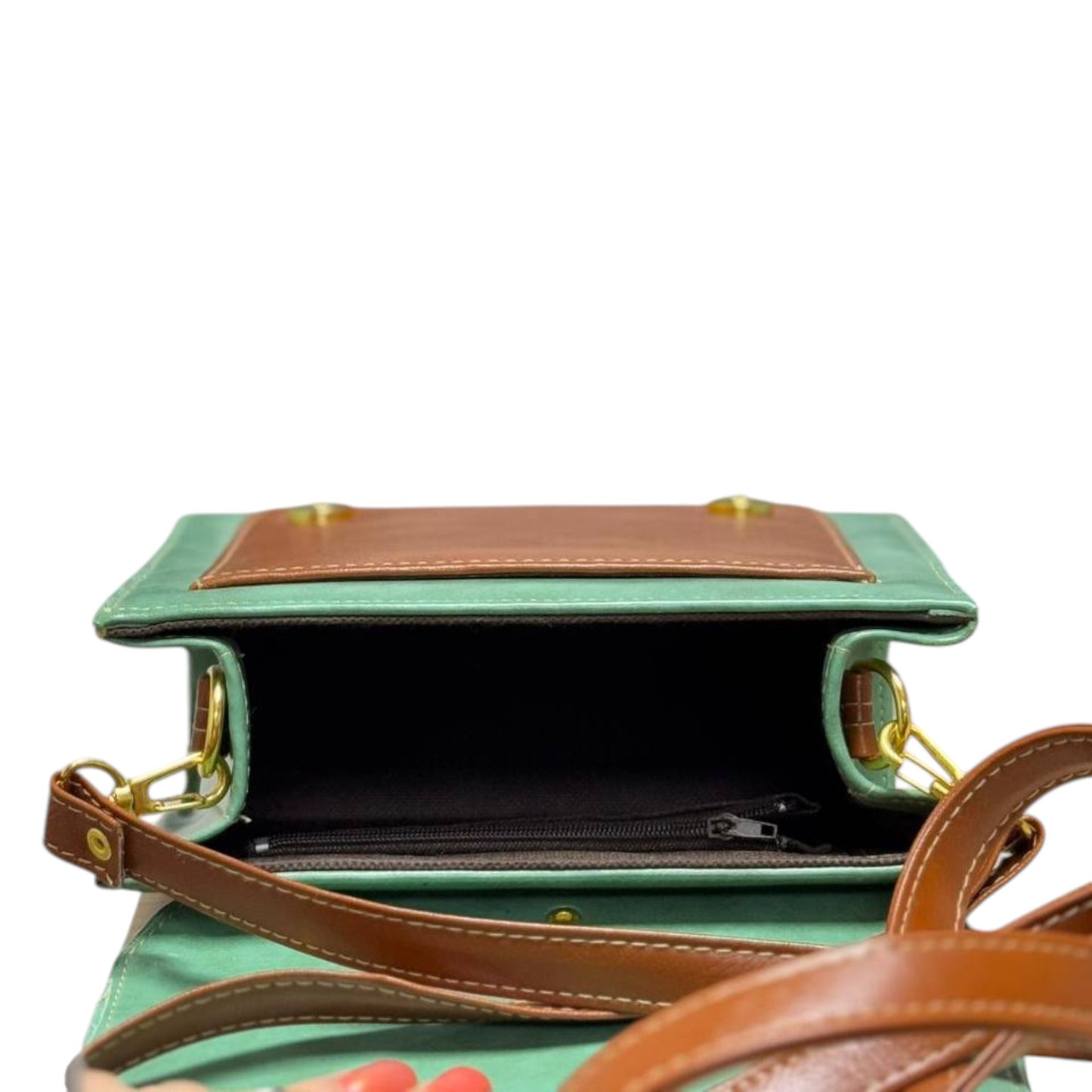 Handmade French Vegan Leather Backpack – Sage Green & Caramel Brown with Gold Hardware (21x 20×10 cm)