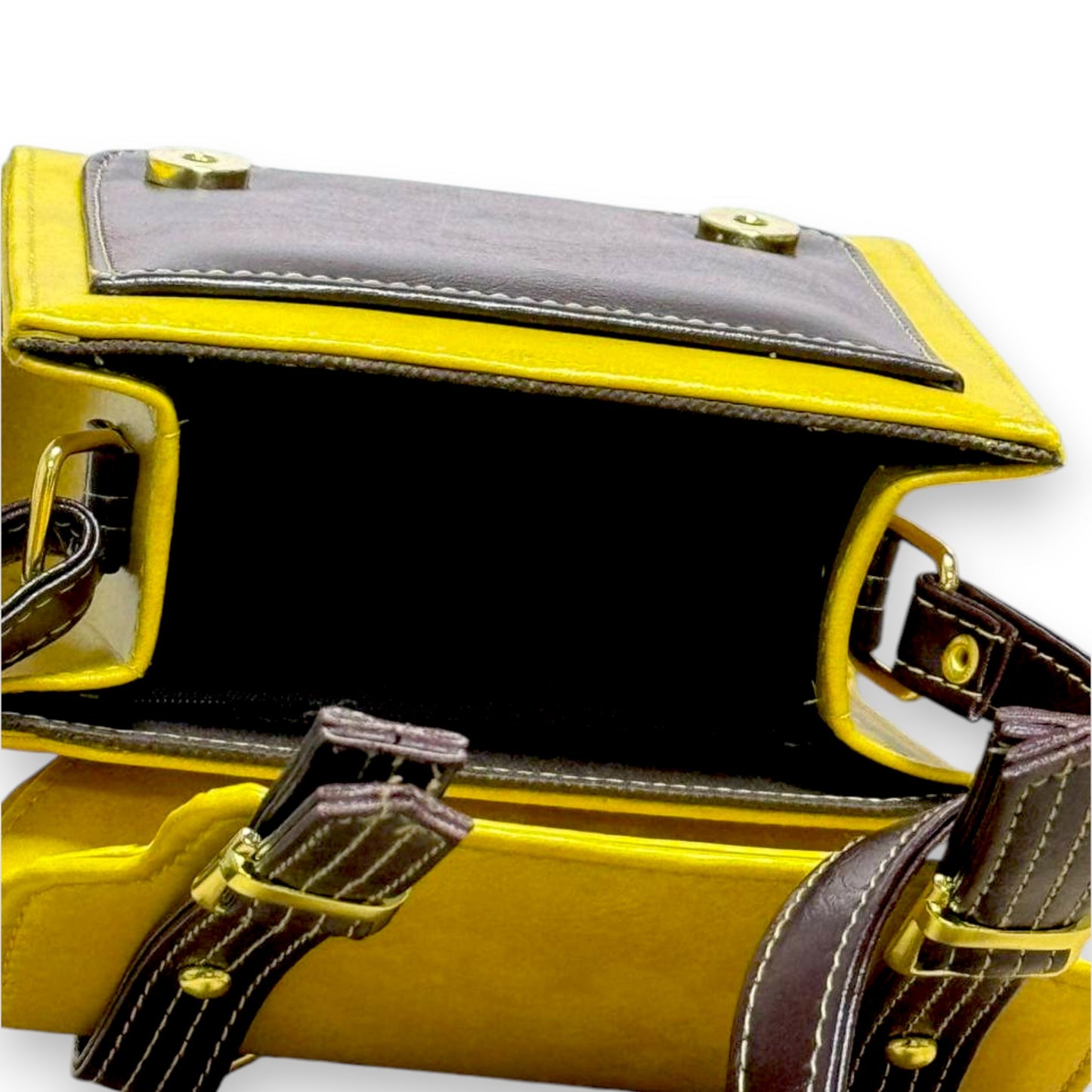 Handmade French-Style Vegan Leather Satchel – Mustard Yellow with Brown Trim ( 17x 17×9 cm )