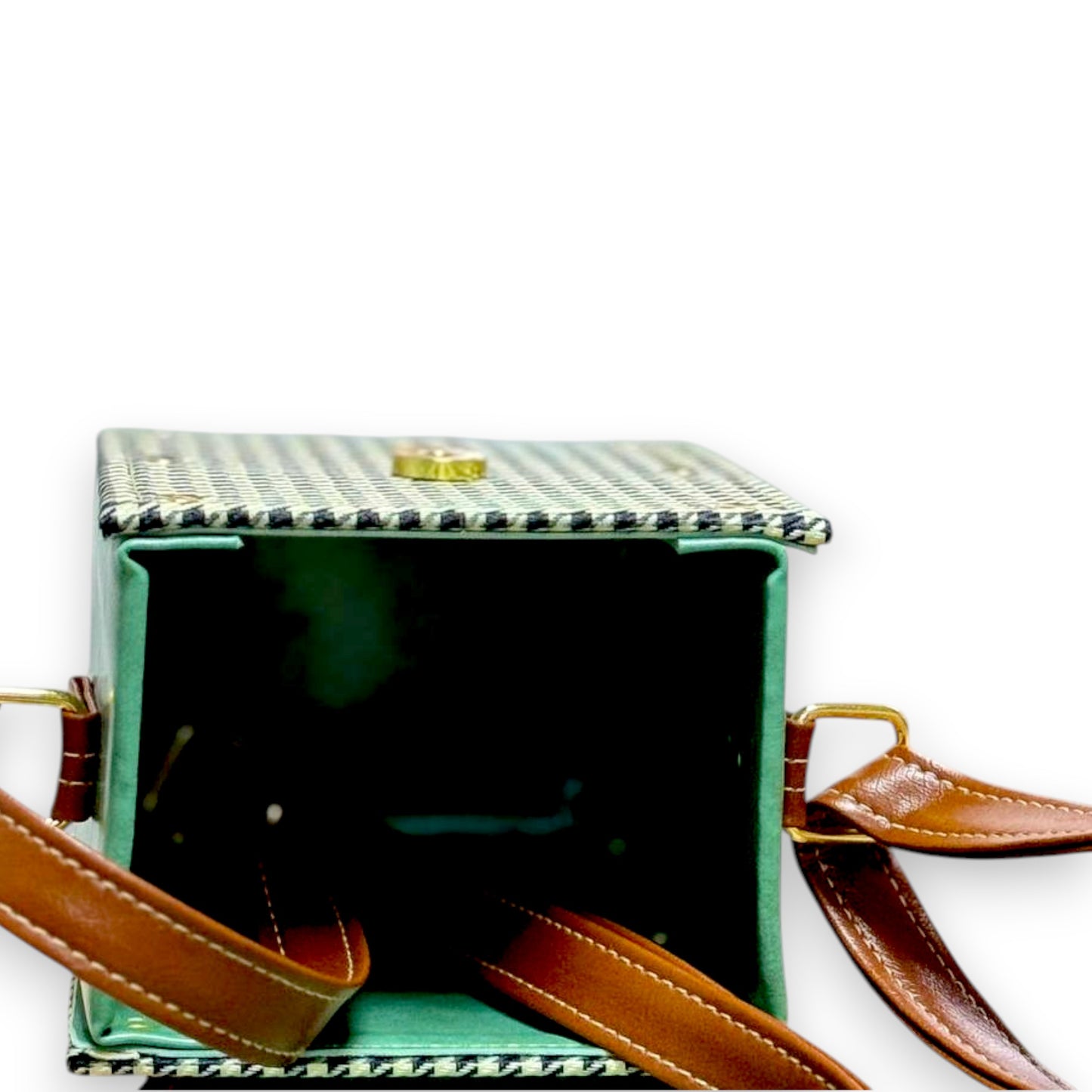 Handmade Vegan Leather Crossbody Bag – Forest Green with Houndstooth Detail (15x12x9 cm)