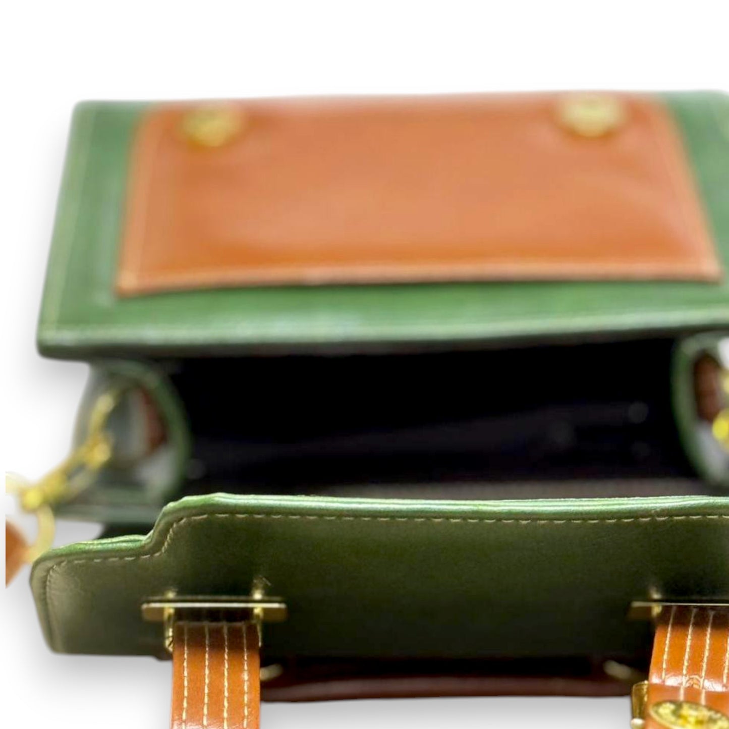 Handmade French-Style Vegan Leather Satchel – Forest Green with Tan Trim ( 17x 17×9 cm )