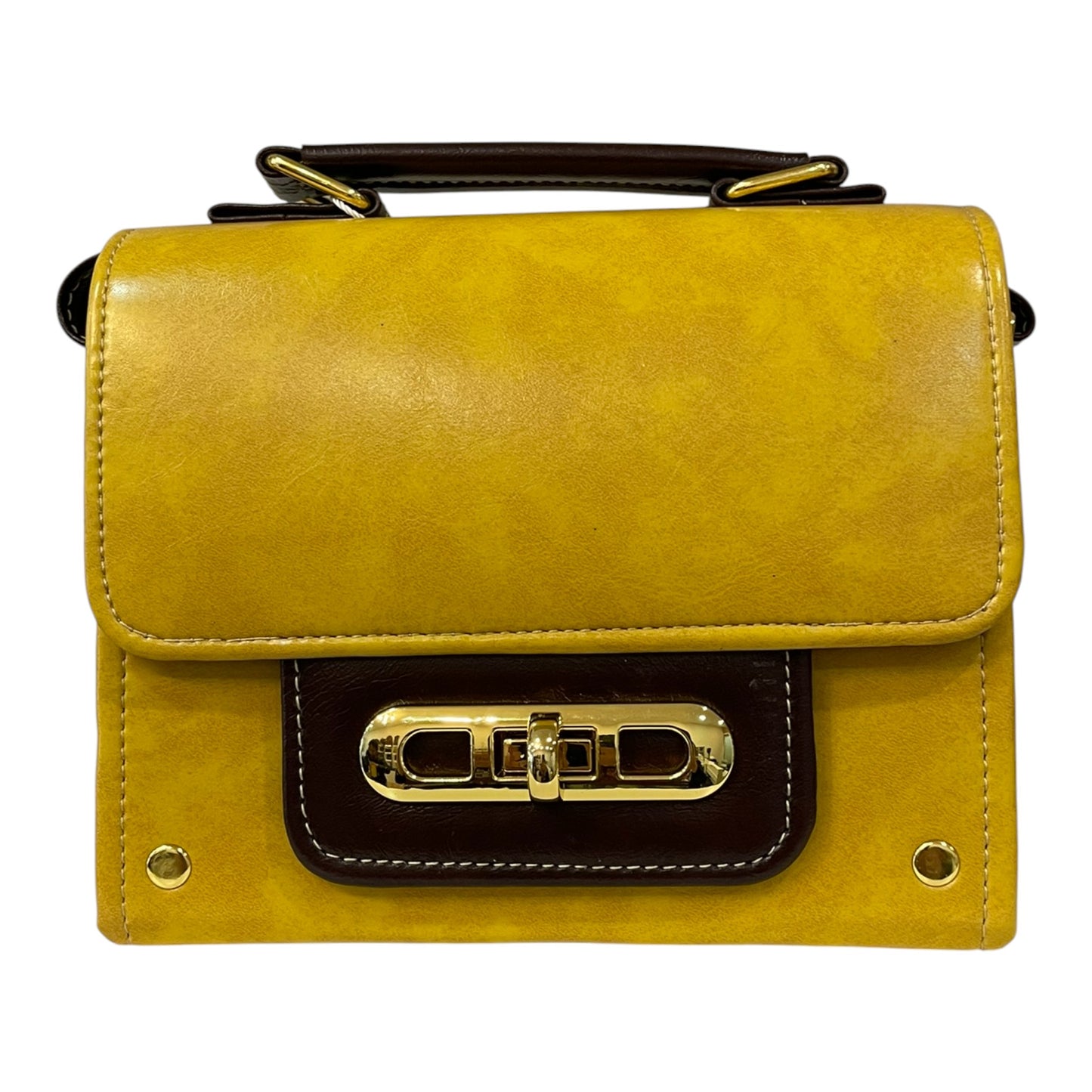 Handmade Vegan Leather Satchel – Mustard Yellow & Dark Brown with Gold Twist Lock (21x14x9 cm)