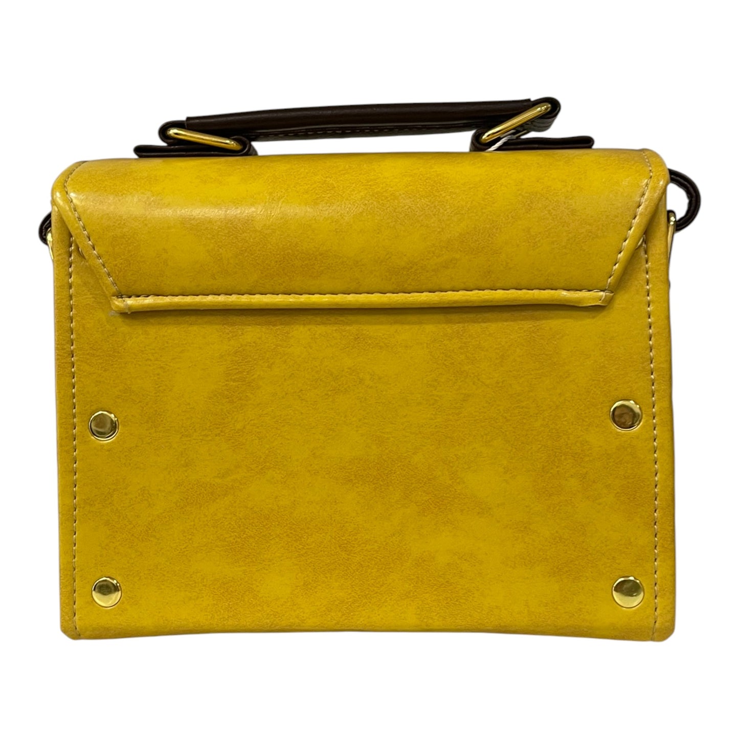 Handmade Vegan Leather Satchel – Mustard Yellow & Dark Brown with Gold Twist Lock (21x14x9 cm)