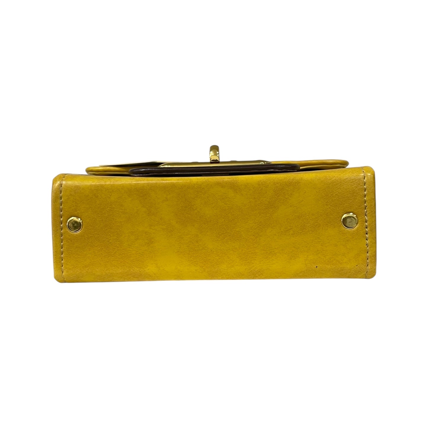 Handmade Vegan Leather Satchel – Mustard Yellow & Brown with Gold Lock Accent (21x14x9 cm)