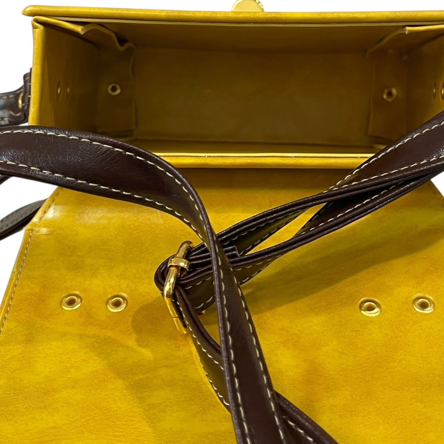Handmade Vegan Leather Satchel – Mustard Yellow & Brown with Gold Lock Accent (21x14x9 cm)