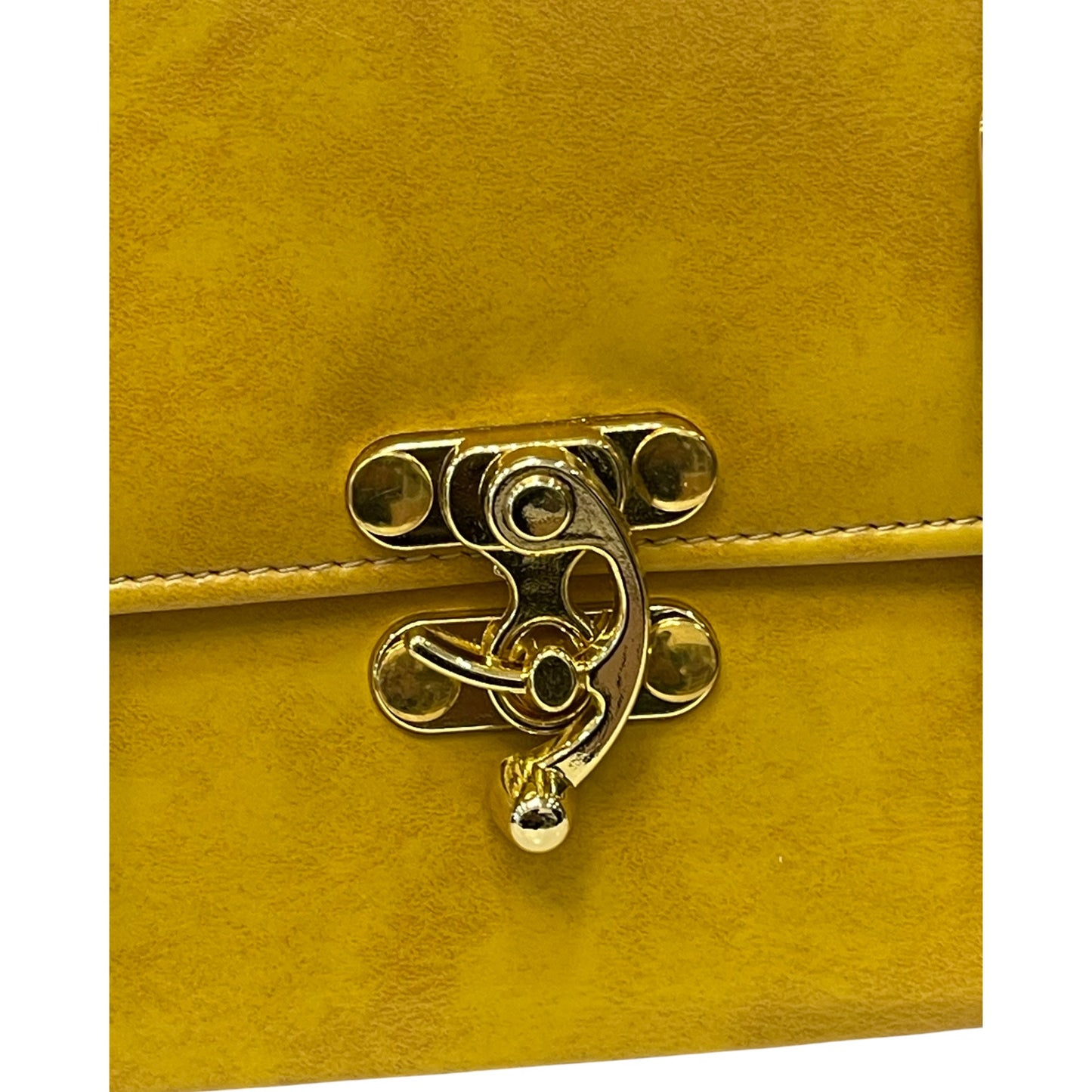 Handmade Vegan Leather Satchel – Mustard Yellow & Brown with Gold Lock Accent (21x14x9 cm)