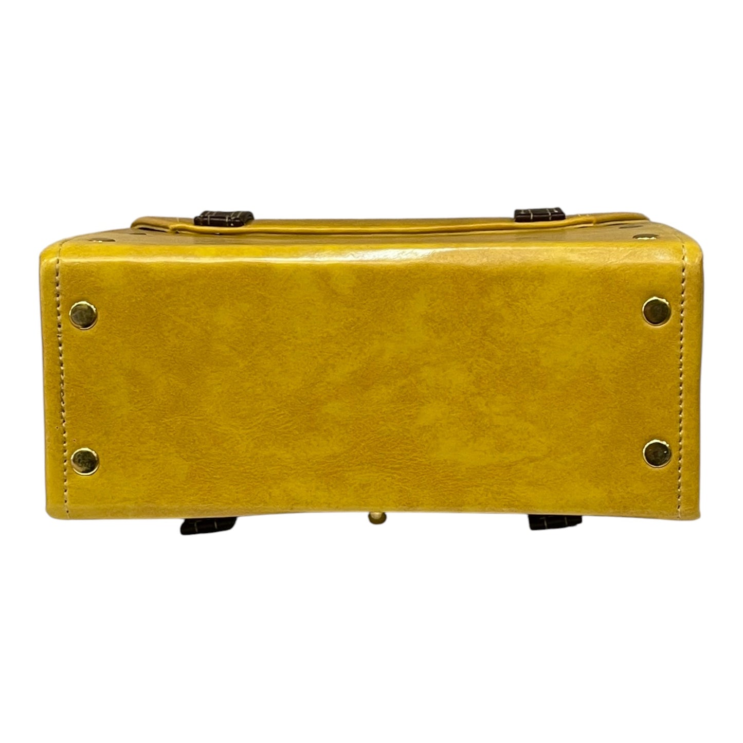 Handmade Vegan Leather Satchel – Mustard Yellow & Dark Brown with Gold Twist Lock (21x14x9 cm)