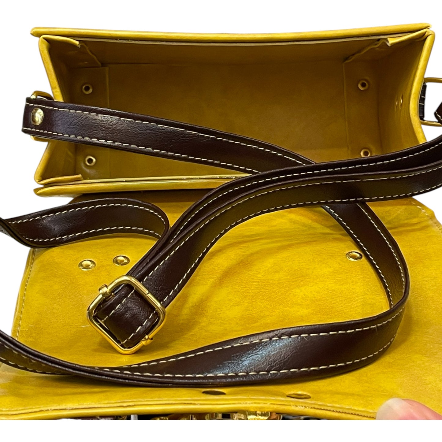 Handmade Vegan Leather Satchel – Mustard Yellow & Dark Brown with Gold Twist Lock (21x14x9 cm)