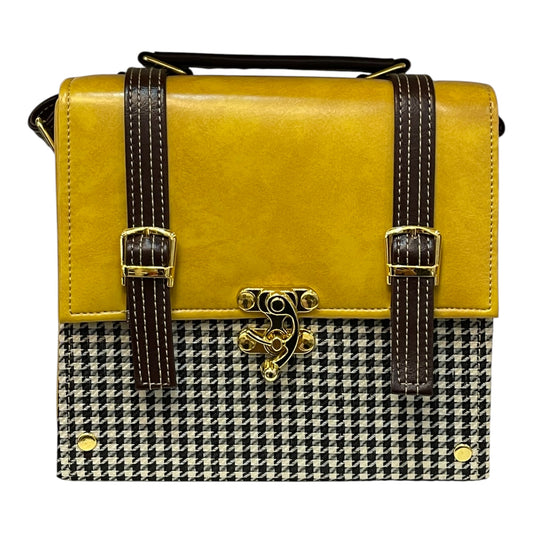 Handmade Vegan Leather Satchel – Mustard & Brown with Houndstooth Fabric | Classic Crossbody Bag 21x19x10 cm