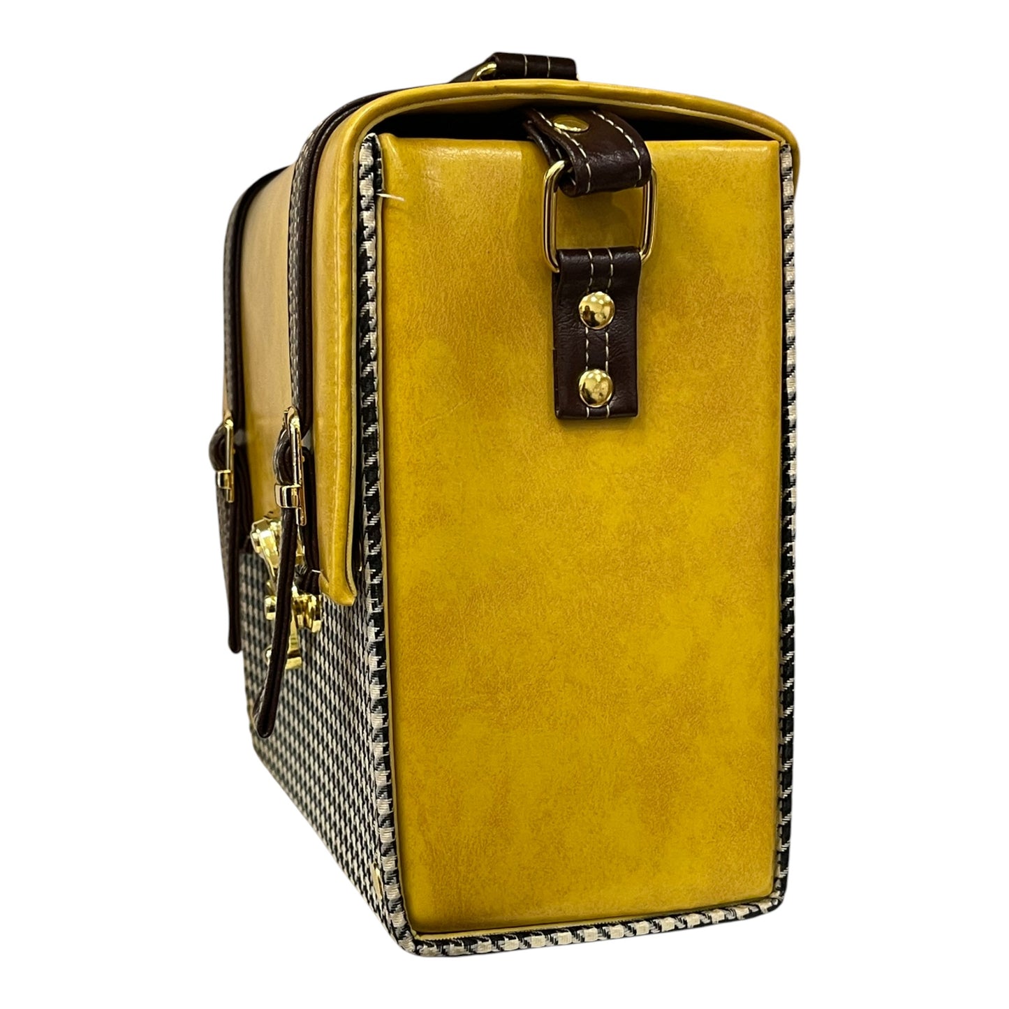 Handmade Vegan Leather Satchel – Mustard & Brown with Houndstooth Fabric | Classic Crossbody Bag 21x19x10 cm