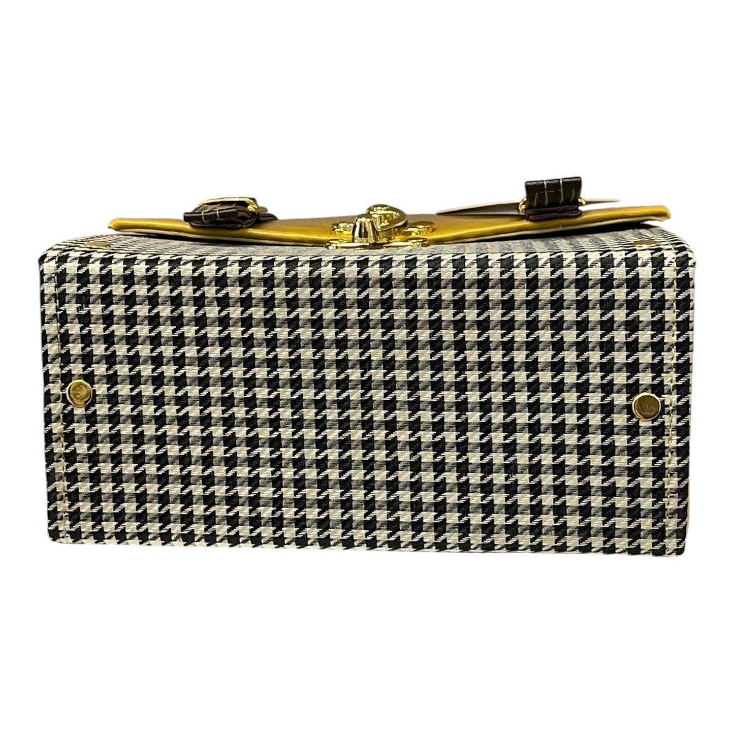 Handmade Vegan Leather Satchel – Mustard & Brown with Houndstooth Fabric | Classic Crossbody Bag 21x19x10 cm