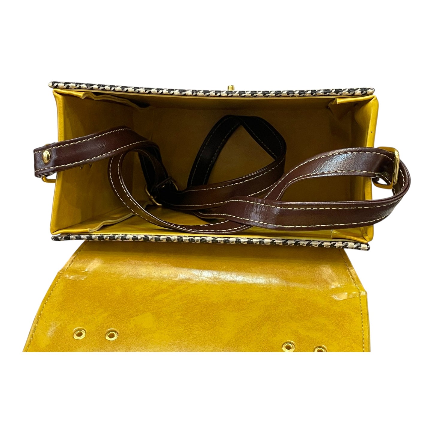 Handmade Vegan Leather Satchel – Mustard & Brown with Houndstooth Fabric | Classic Crossbody Bag 21x19x10 cm