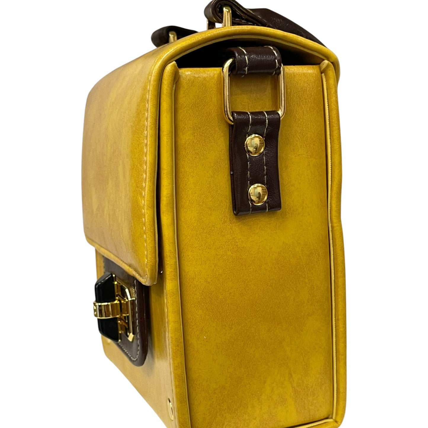 Handmade Yellow Vegan Leather Mini Satchel Bag – Gold Lock Crossbody | 16x14x8 cm