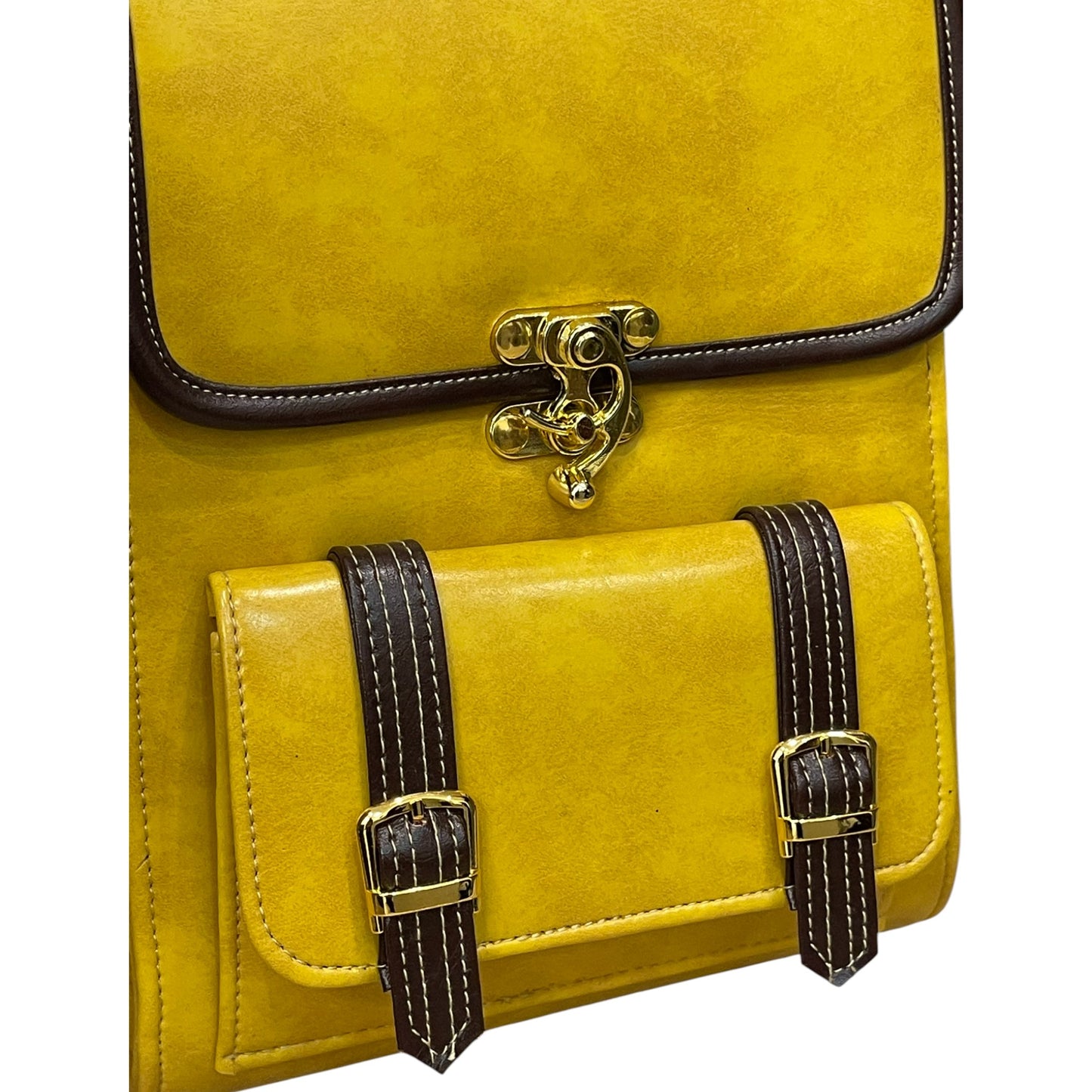 Handmade Vegan Leather Backpack – Mustard Yellow with Brown Trim & Gold Hardware (27x21x13 cm)