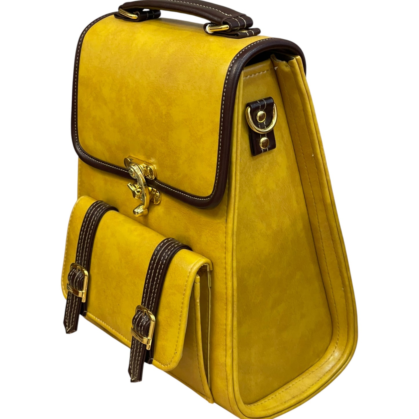 Handmade Vegan Leather Backpack – Mustard Yellow with Brown Trim & Gold Hardware (27x21x13 cm)