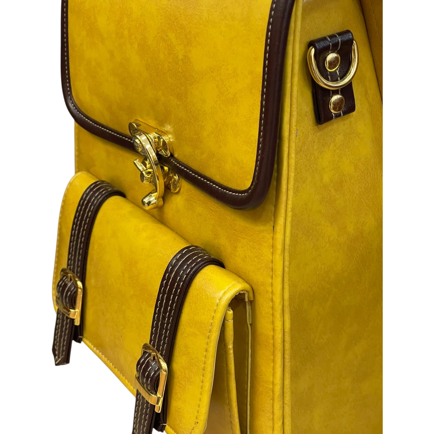Handmade Vegan Leather Backpack – Mustard Yellow with Brown Trim & Gold Hardware (27x21x13 cm)
