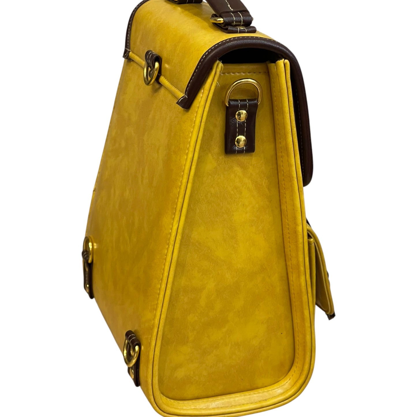 Handmade Vegan Leather Backpack – Mustard Yellow with Brown Trim & Gold Hardware (27x21x13 cm)