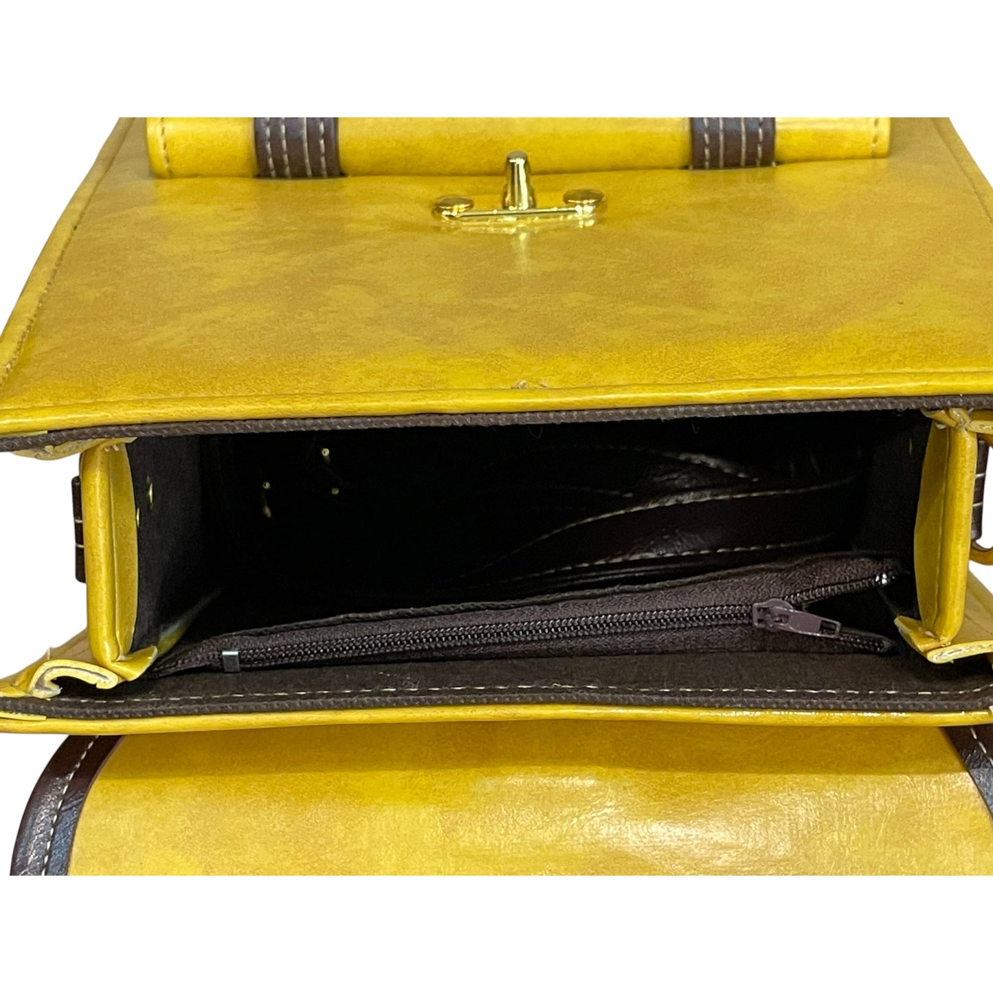 Handmade Vegan Leather Backpack – Mustard Yellow with Brown Trim & Gold Hardware (27x21x13 cm)