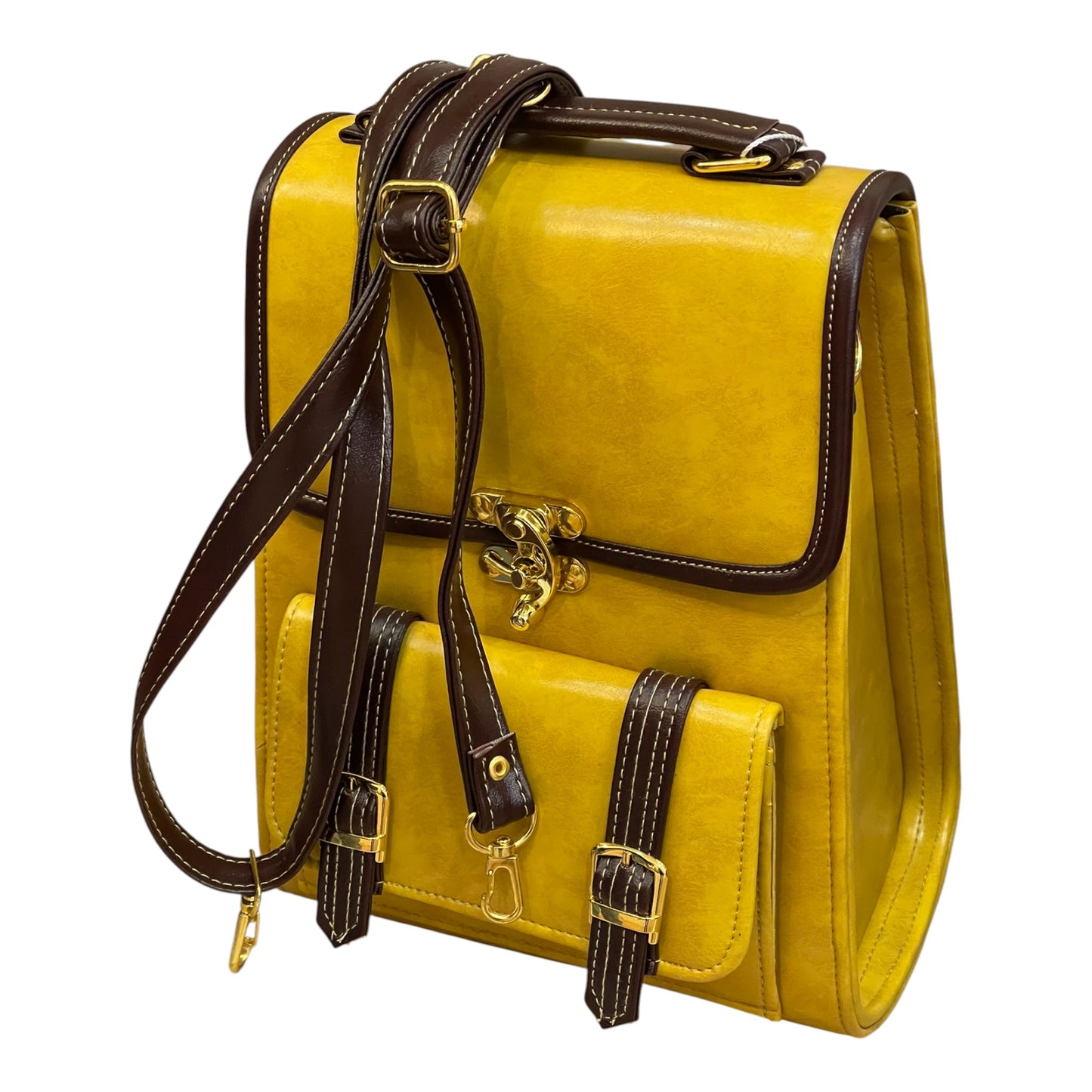 Handmade Vegan Leather Backpack – Mustard Yellow with Brown Trim & Gold Hardware (27x21x13 cm)