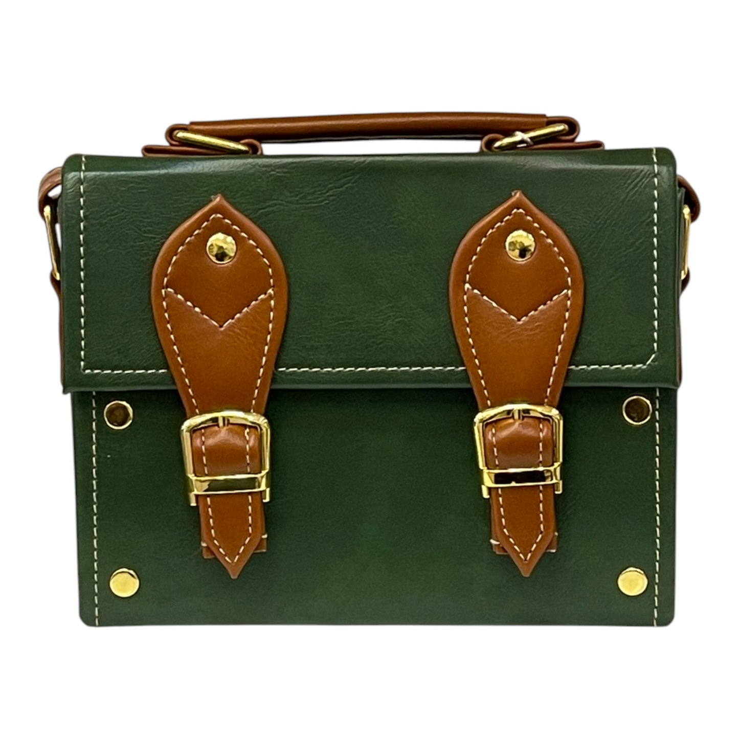 Handmade Green & Brown Vegan Leather Mini Satchel – Retro Crossbody Bag with Gold Buckles | 18x14x6 cm (Copy)