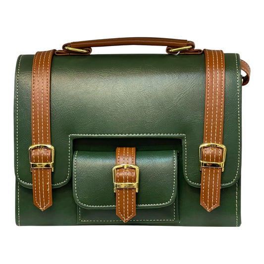 Handmade Green Vegan Leather Satchel Bag | Vintage Crossbody with Front Buckle Design – 23x17x10 cm