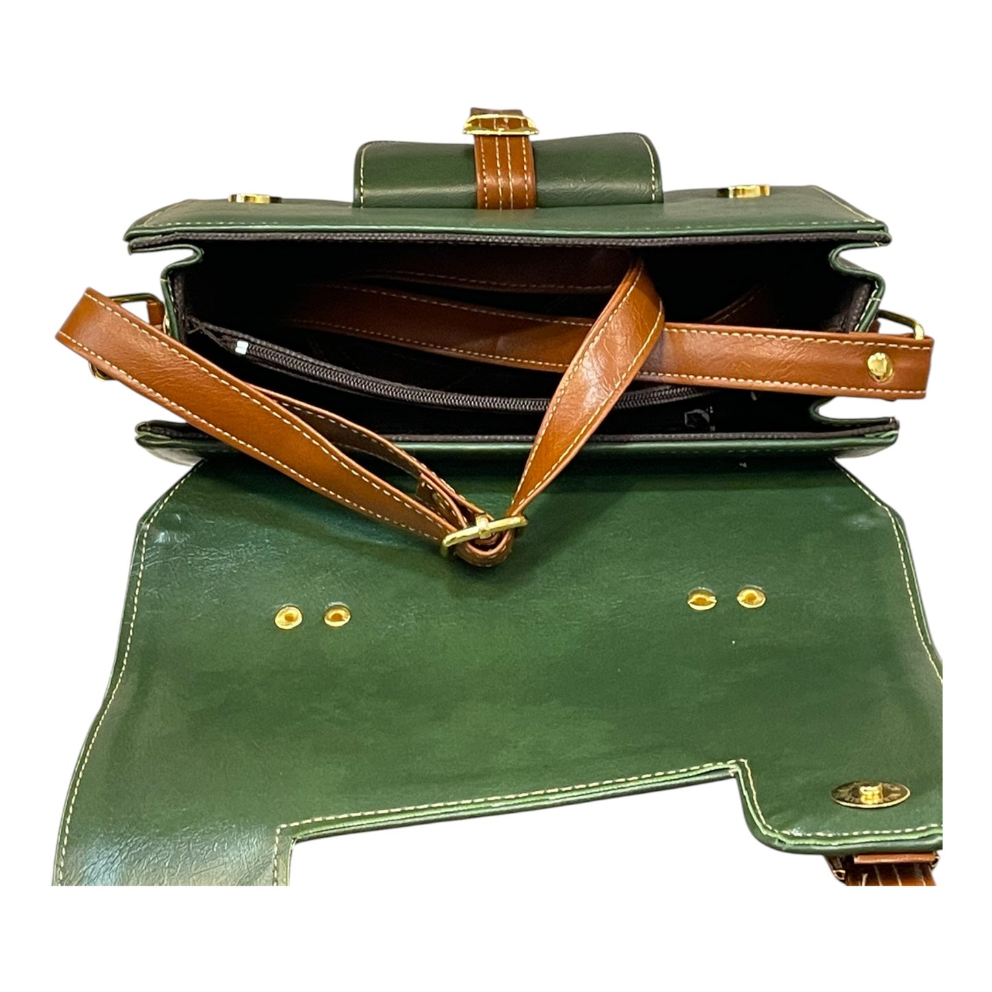 Handmade Green Vegan Leather Satchel Bag | Vintage Crossbody with Front Buckle Design – 23x17x10 cm