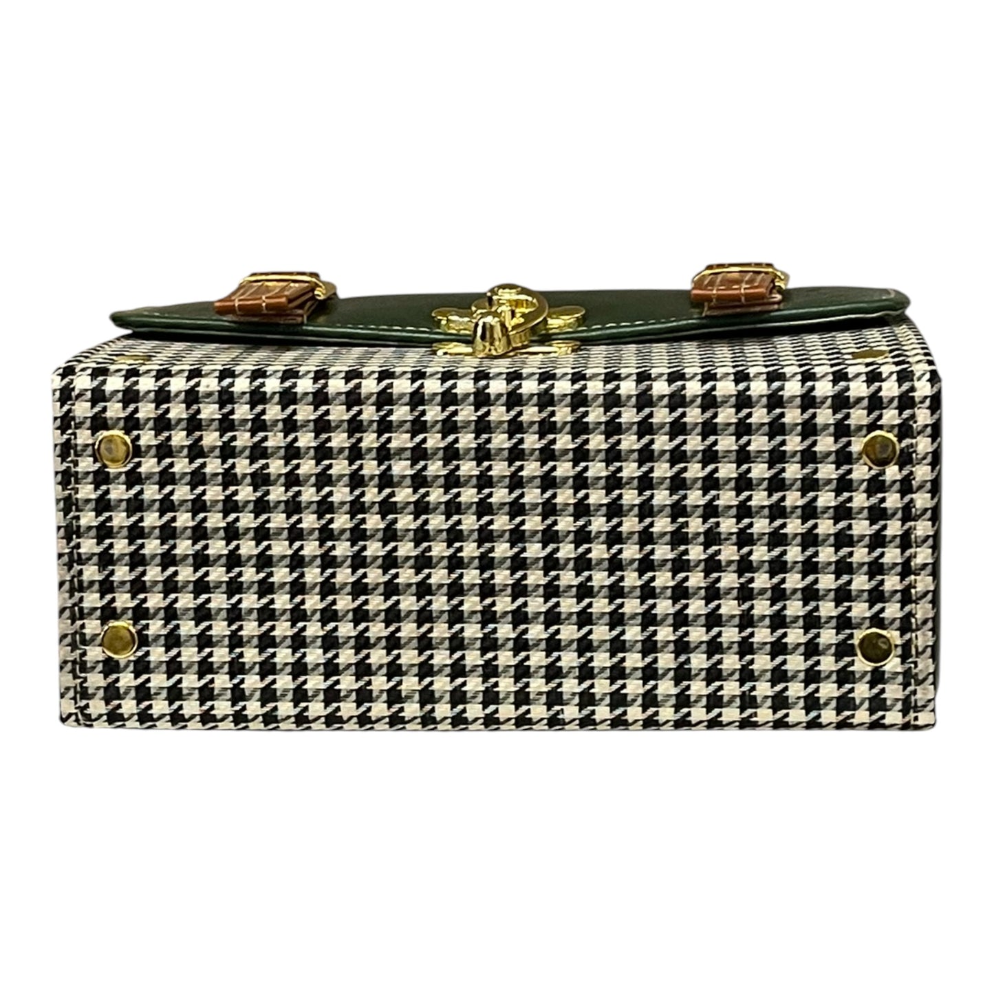 Handmade French Vegan Leather Handbag – Forest Green & Houndstooth with Tan Straps (21×19×10 cm)