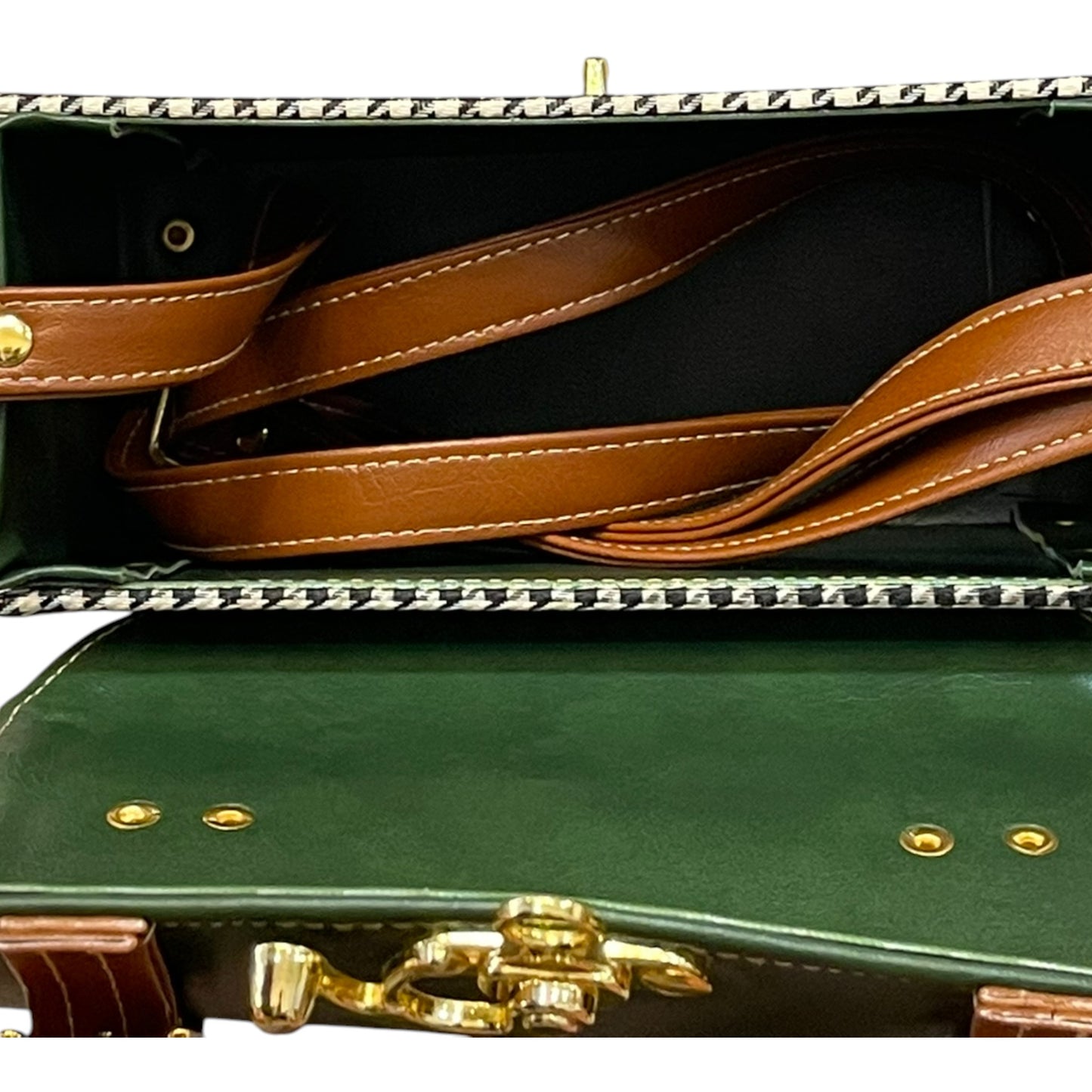 Handmade French Vegan Leather Handbag – Forest Green & Houndstooth with Tan Straps (21×19×10 cm)