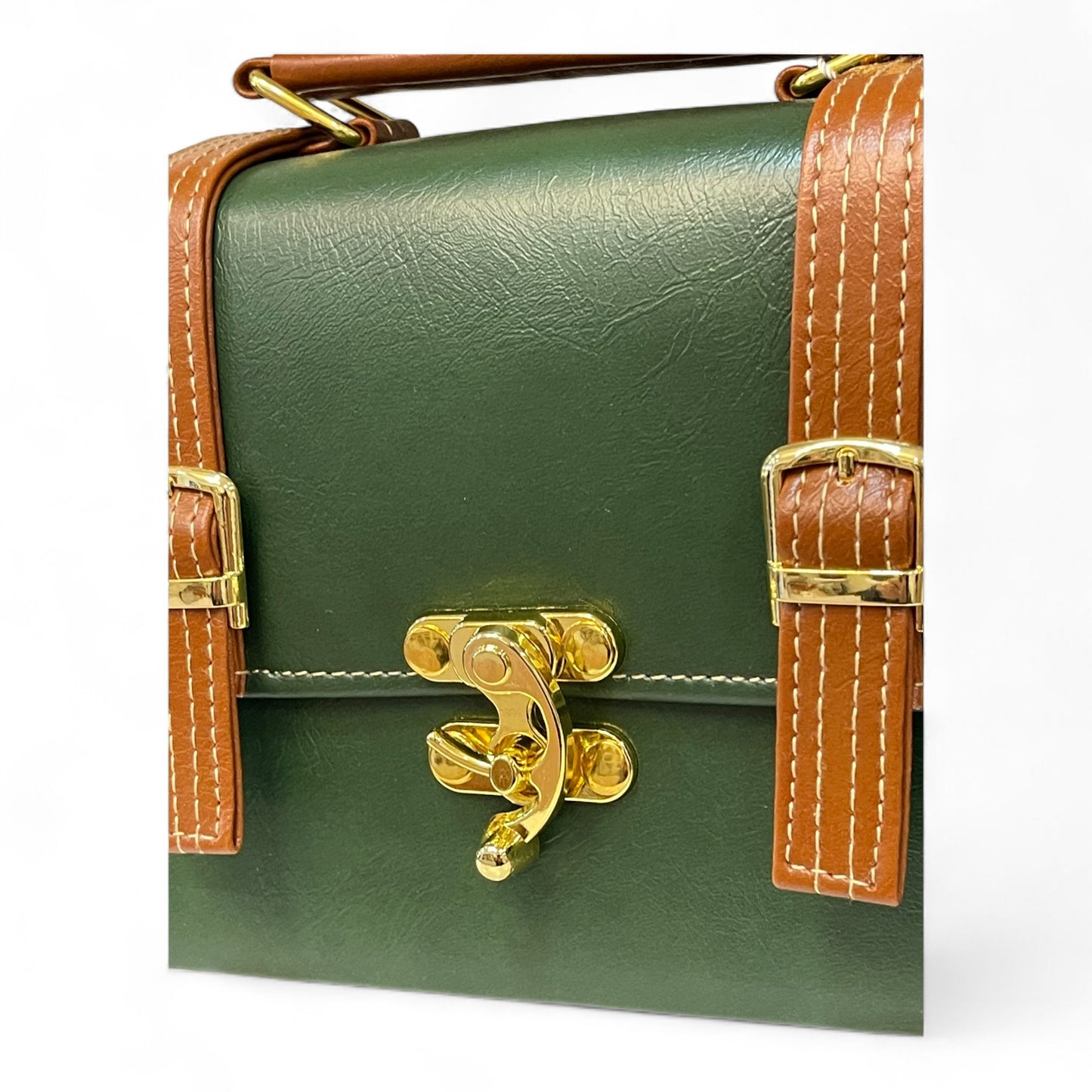 Handmade Vegan Leather Box Bag – Forest Green & Caramel Brown (21x14x9 cm)