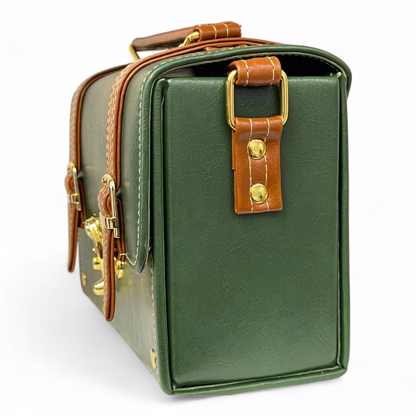 Handmade Vegan Leather Box Bag – Forest Green & Caramel Brown (21x14x9 cm)