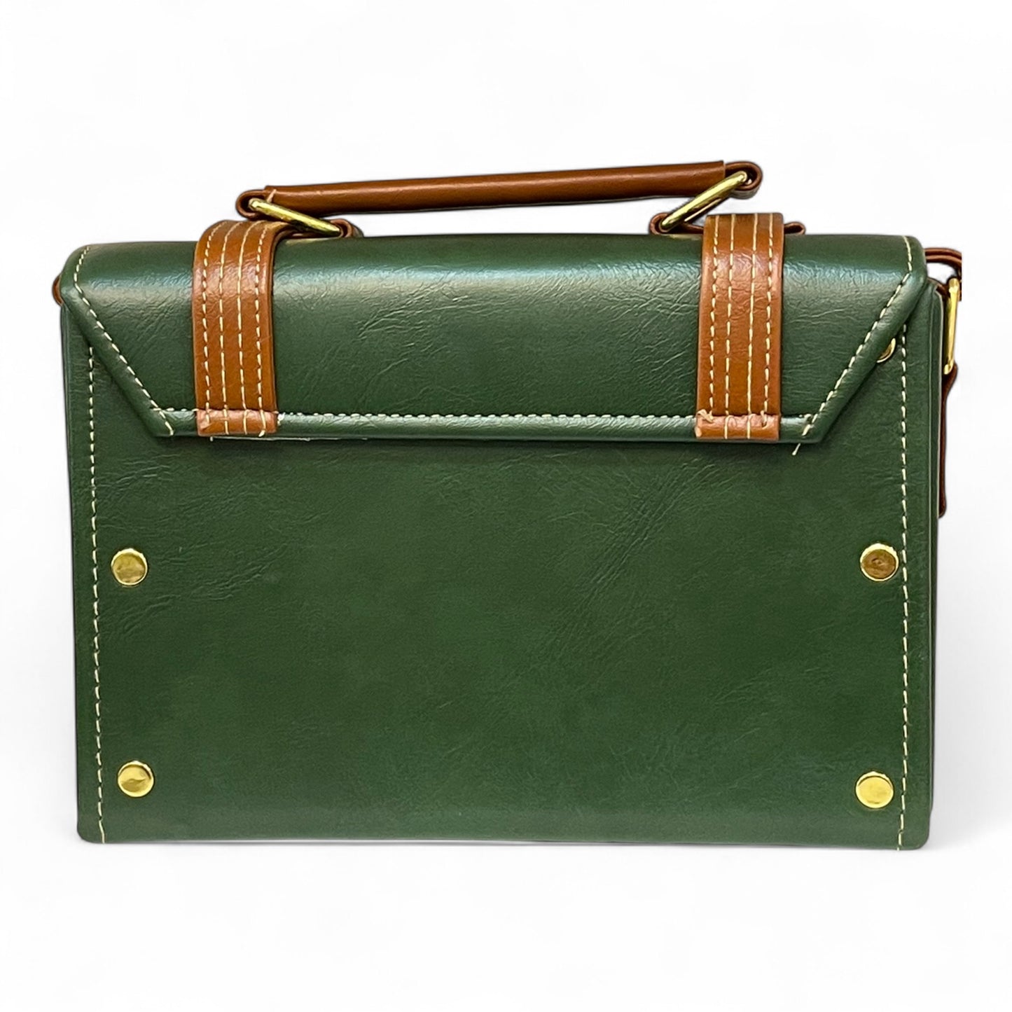 Handmade Vegan Leather Box Bag – Forest Green & Caramel Brown (21x14x9 cm)