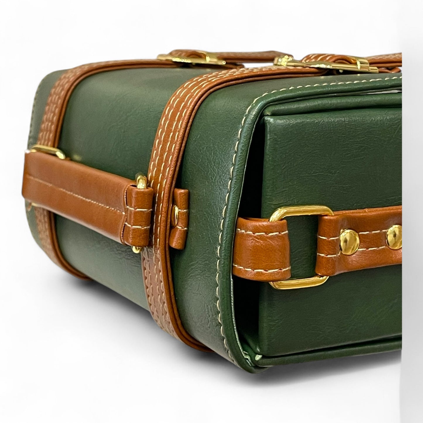 Handmade Vegan Leather Box Bag – Forest Green & Caramel Brown (21x14x9 cm)