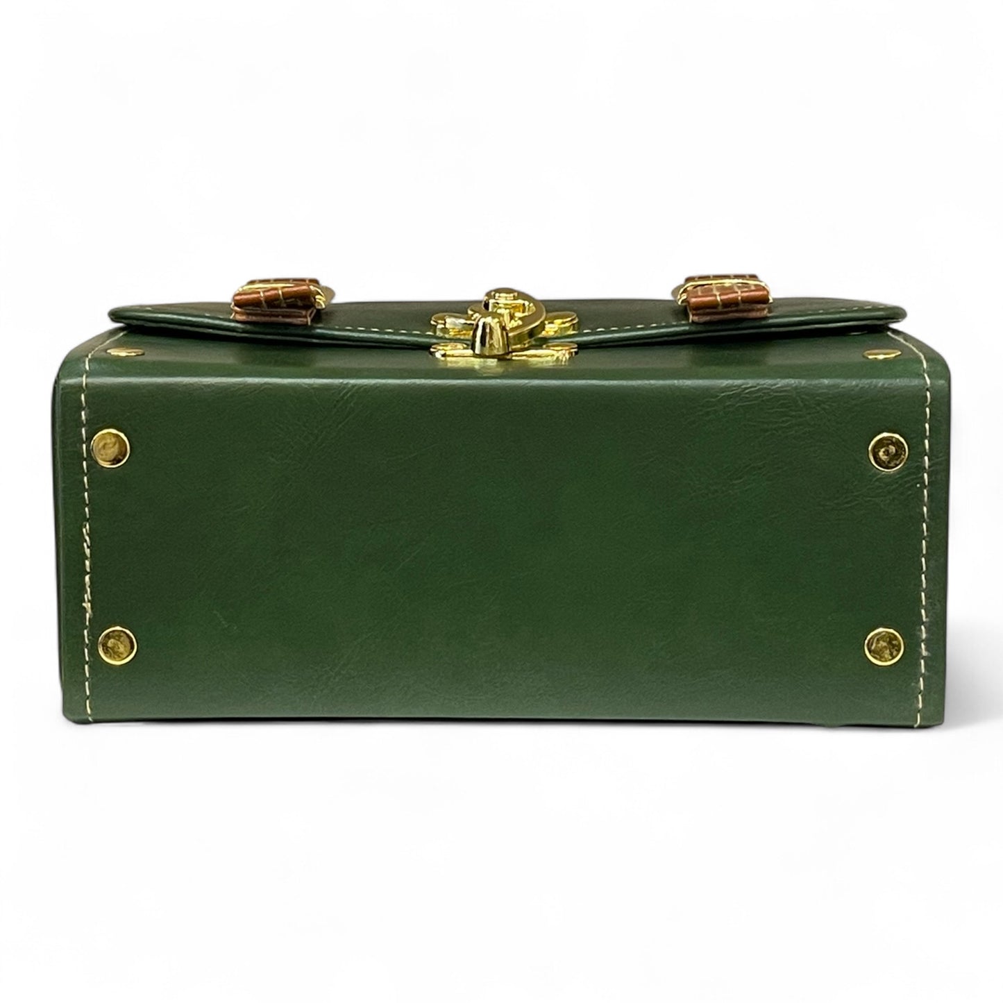 Handmade Vegan Leather Box Bag – Forest Green & Caramel Brown (21x14x9 cm)