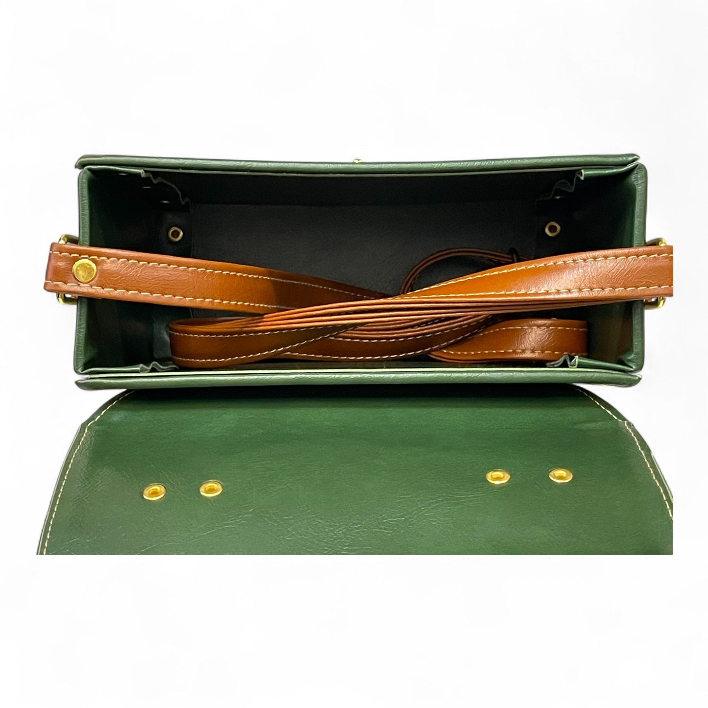 Handmade Vegan Leather Box Bag – Forest Green & Caramel Brown (21x14x9 cm)