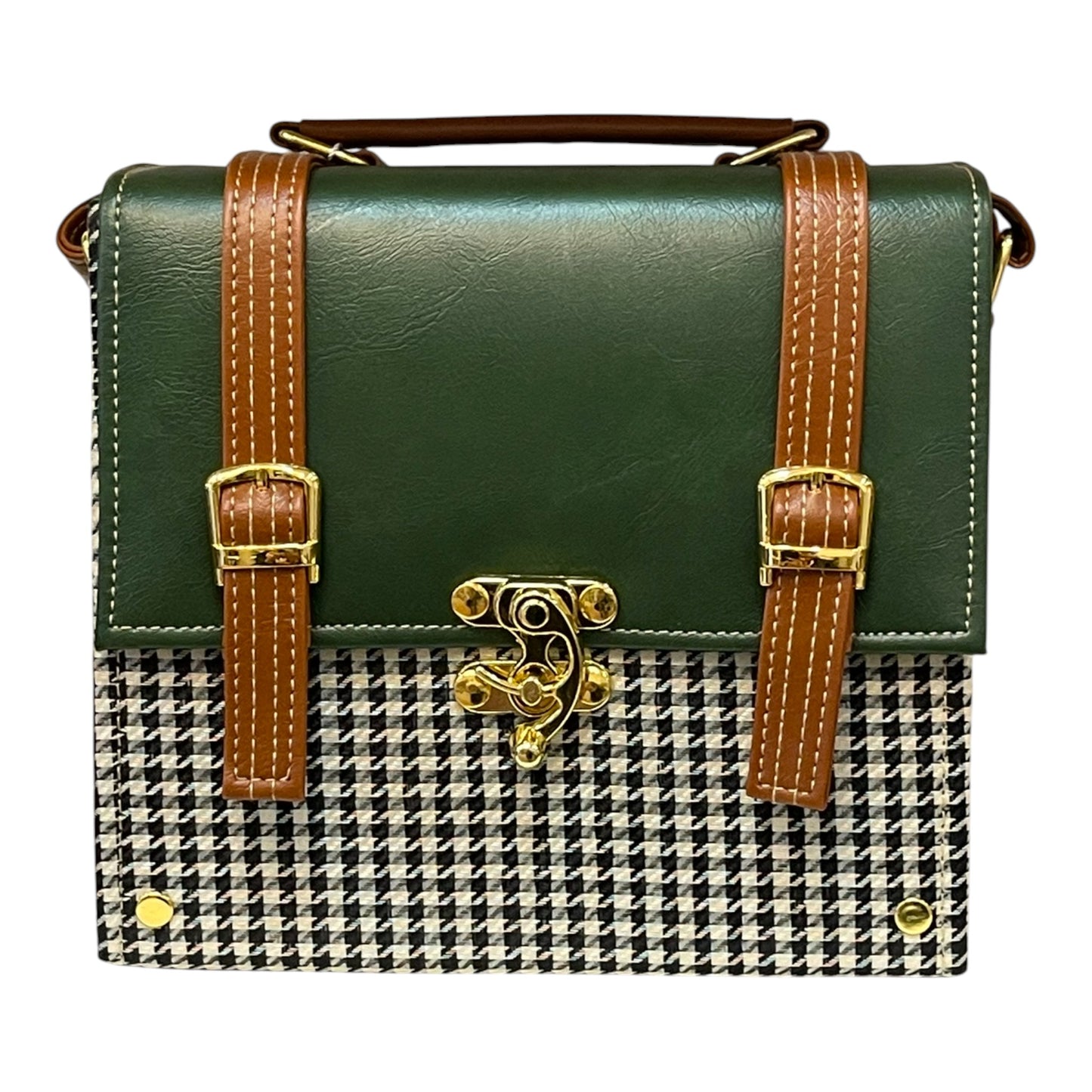 Handmade French Vegan Leather Handbag – Forest Green & Houndstooth with Tan Straps (21×19×10 cm)