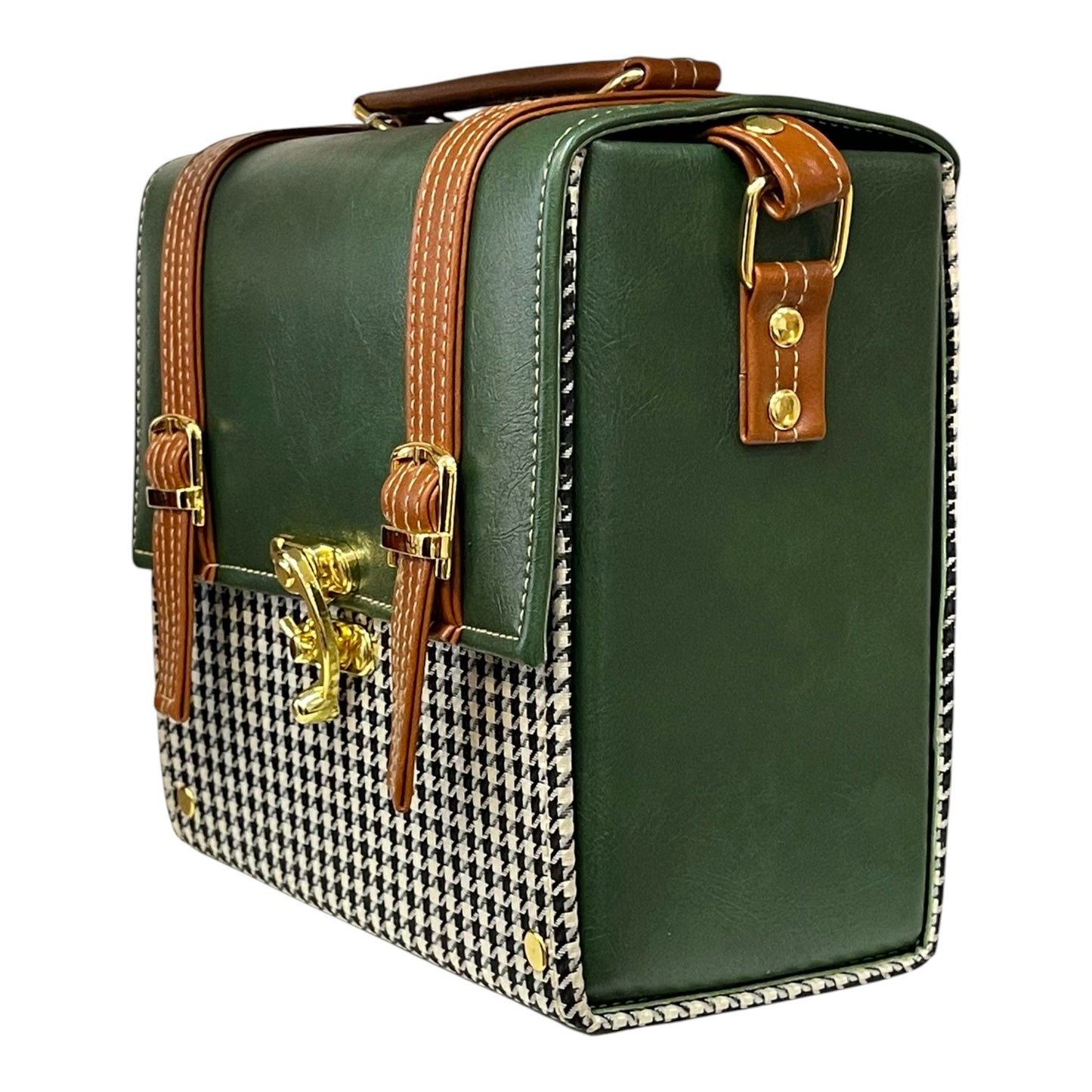 Handmade French Vegan Leather Handbag – Forest Green & Houndstooth with Tan Straps (21×19×10 cm)