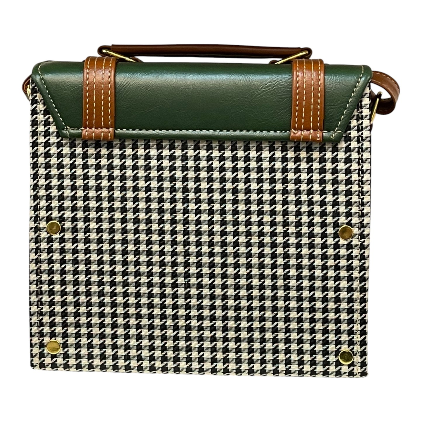 Handmade French Vegan Leather Handbag – Forest Green & Houndstooth with Tan Straps (21×19×10 cm)