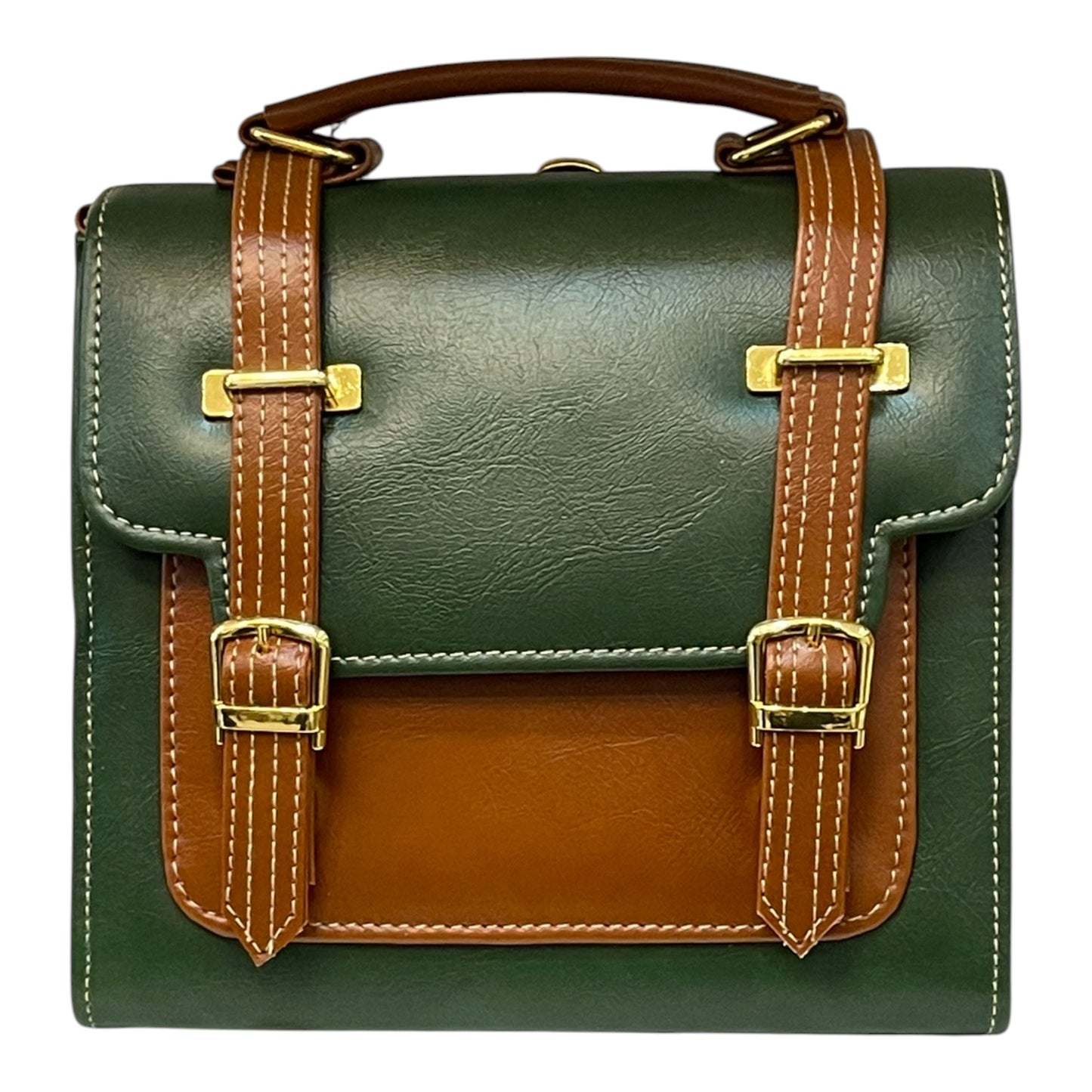 Handmade French Vegan Leather Handbag – Forest Green & Tan with Gold Hardware (23×16×10 cm)