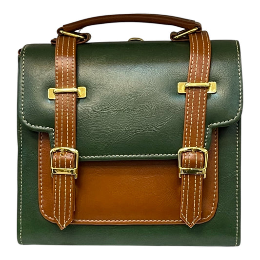 Handmade French Vegan Leather Handbag – Forest Green & Tan with Gold Hardware (23×16×10 cm)