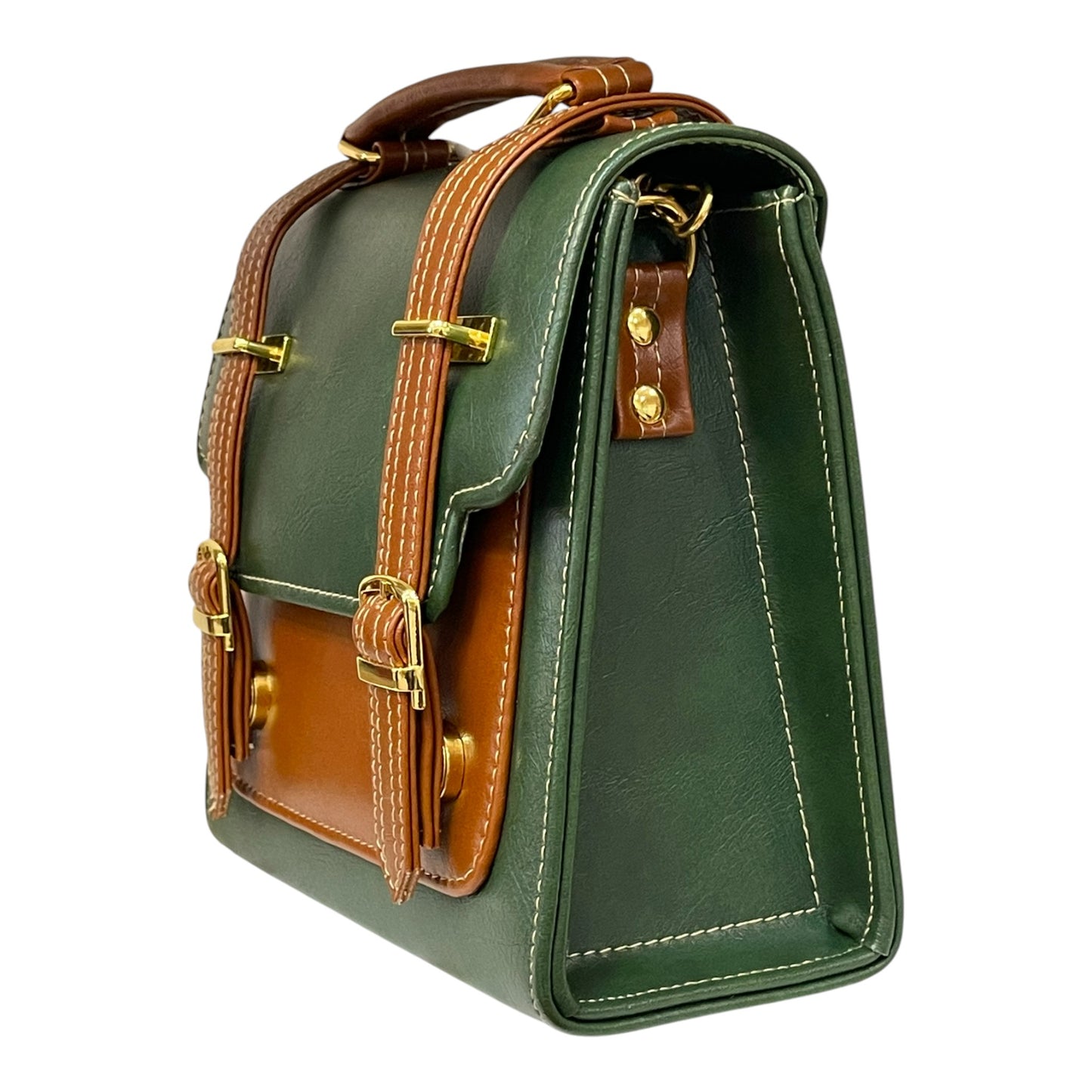 Handmade French Vegan Leather Handbag – Forest Green & Tan with Gold Hardware (23×16×10 cm)