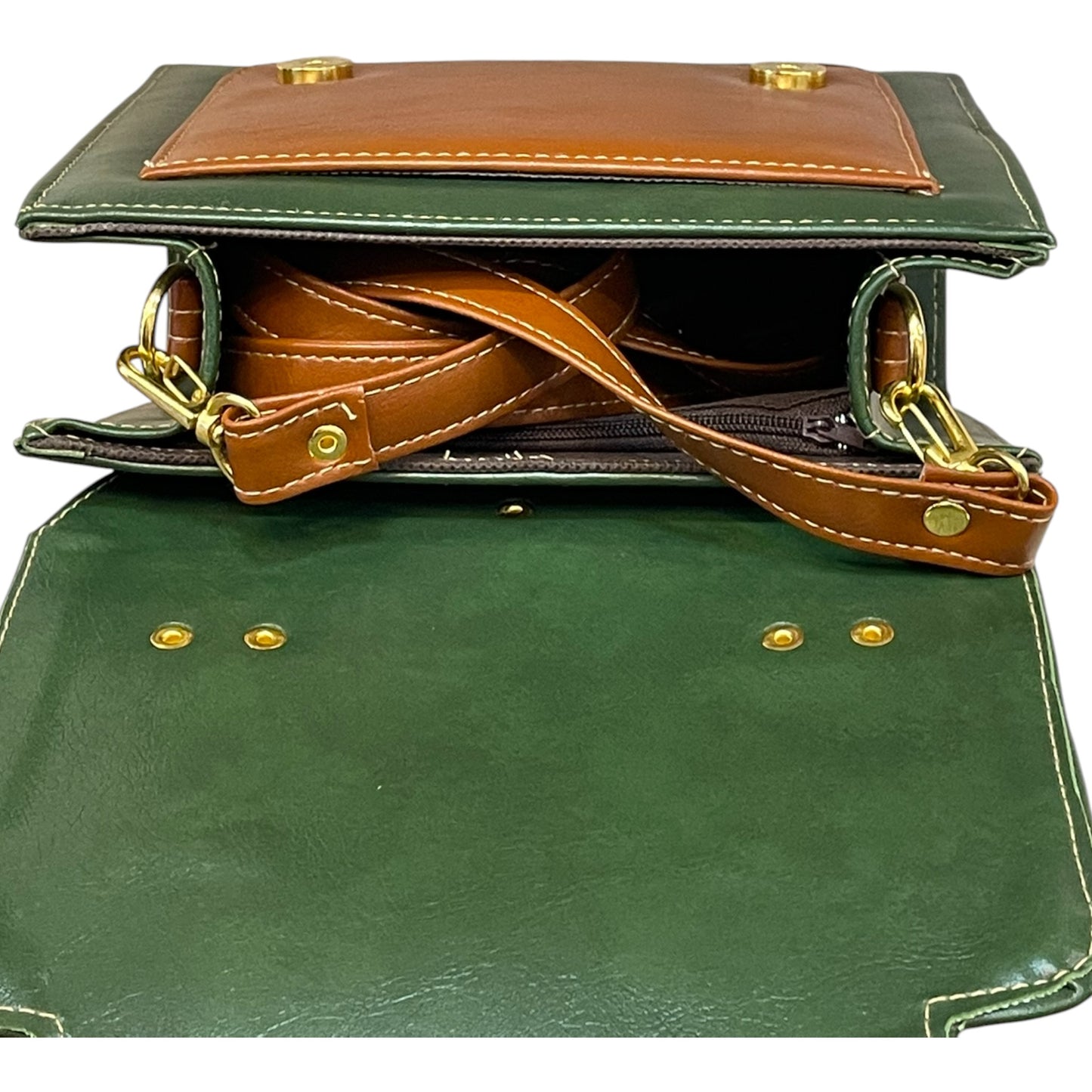 Handmade French Vegan Leather Handbag – Forest Green & Tan with Gold Hardware (23×16×10 cm)