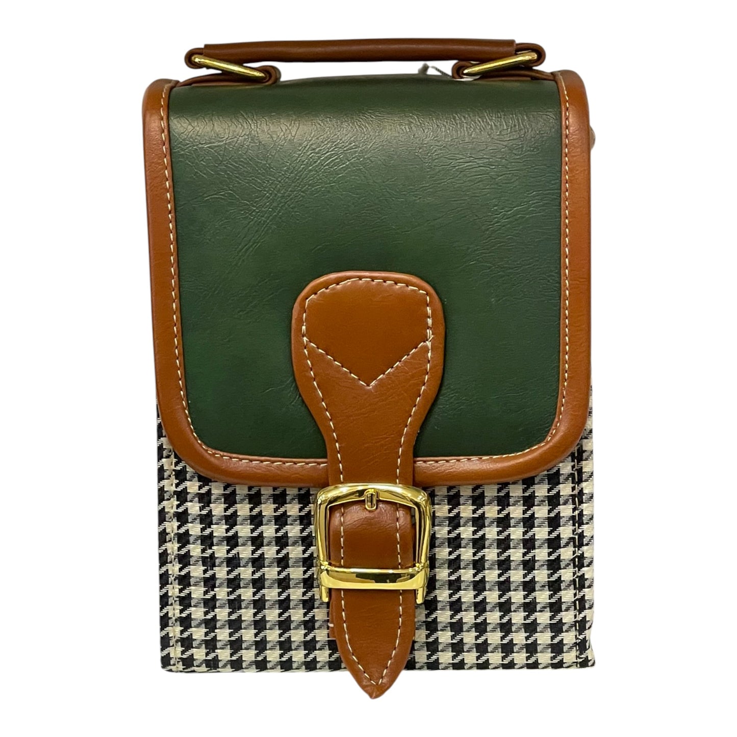 Handmade French Vegan Leather Handbag – Green & Brown with Houndstooth Detail (19x13x9 cm)