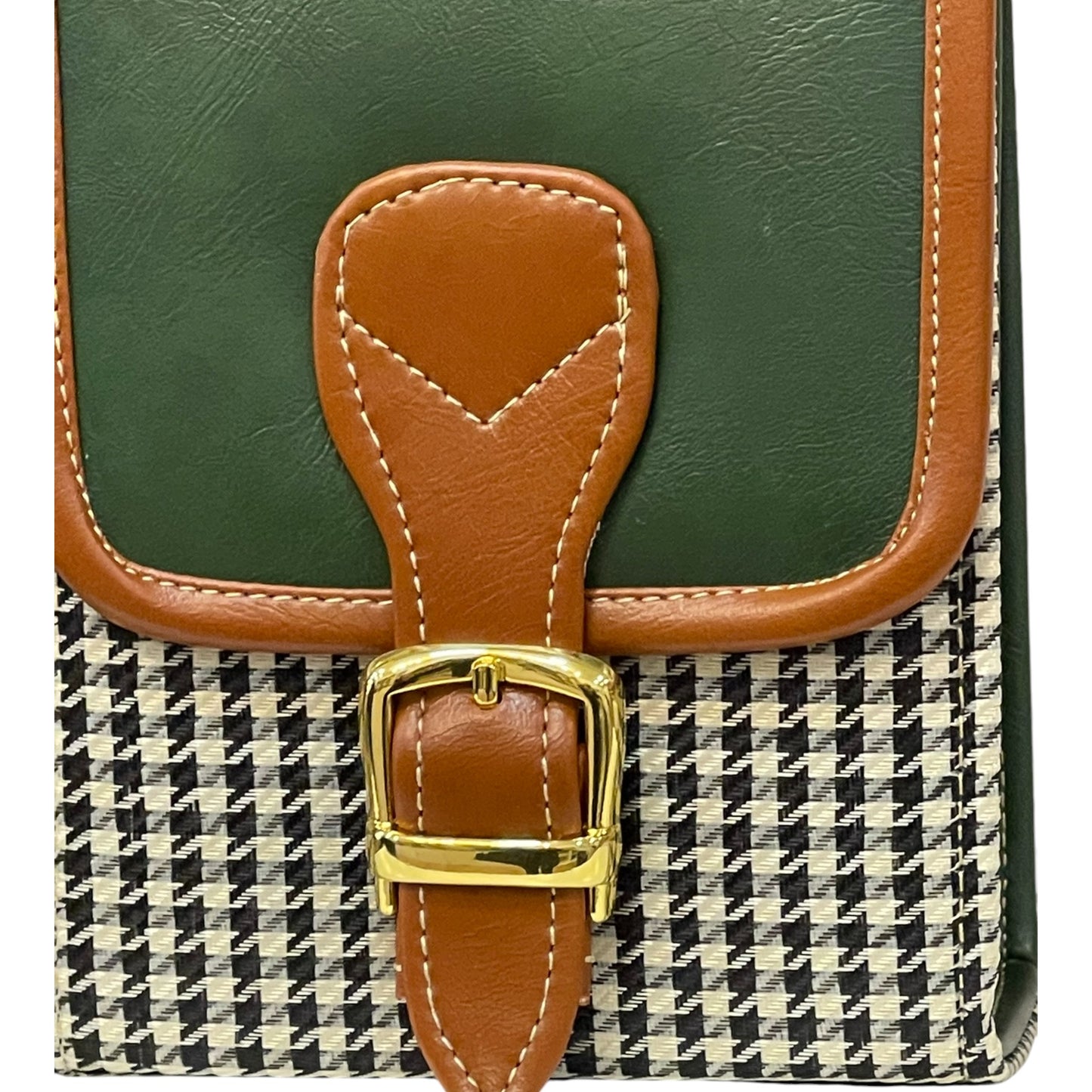 Handmade French Vegan Leather Handbag – Green & Brown with Houndstooth Detail (19x13x9 cm)