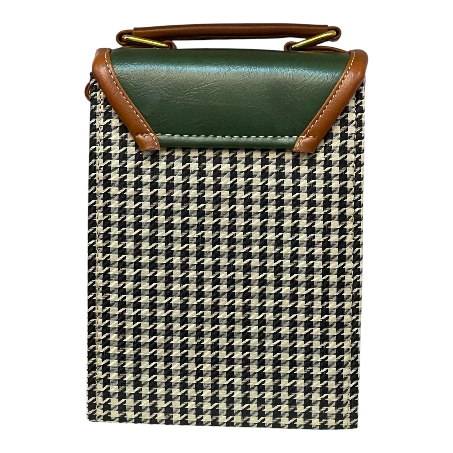 Handmade French Vegan Leather Handbag – Green & Brown with Houndstooth Detail (19x13x9 cm)