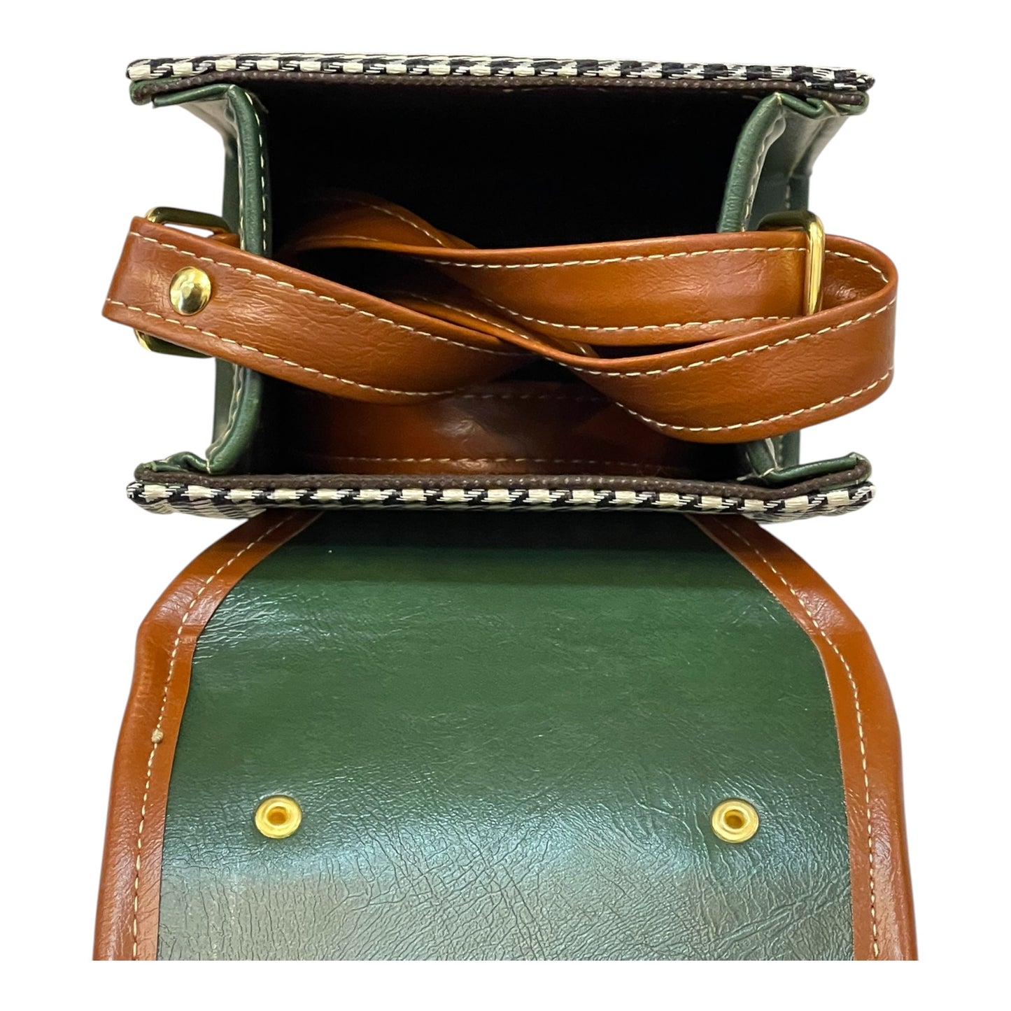 Handmade French Vegan Leather Handbag – Green & Brown with Houndstooth Detail (19x13x9 cm)