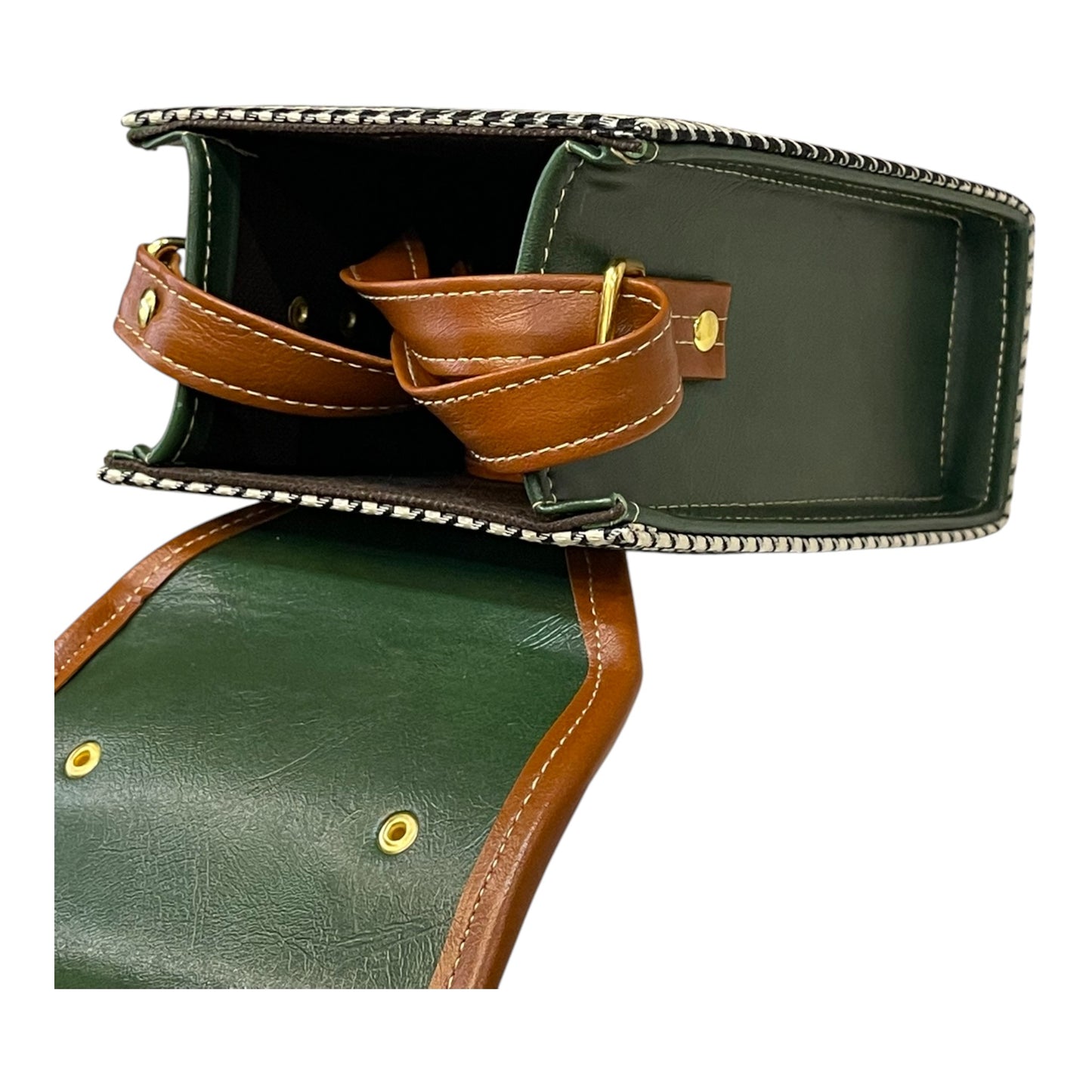 Handmade French Vegan Leather Handbag – Green & Brown with Houndstooth Detail (19x13x9 cm)