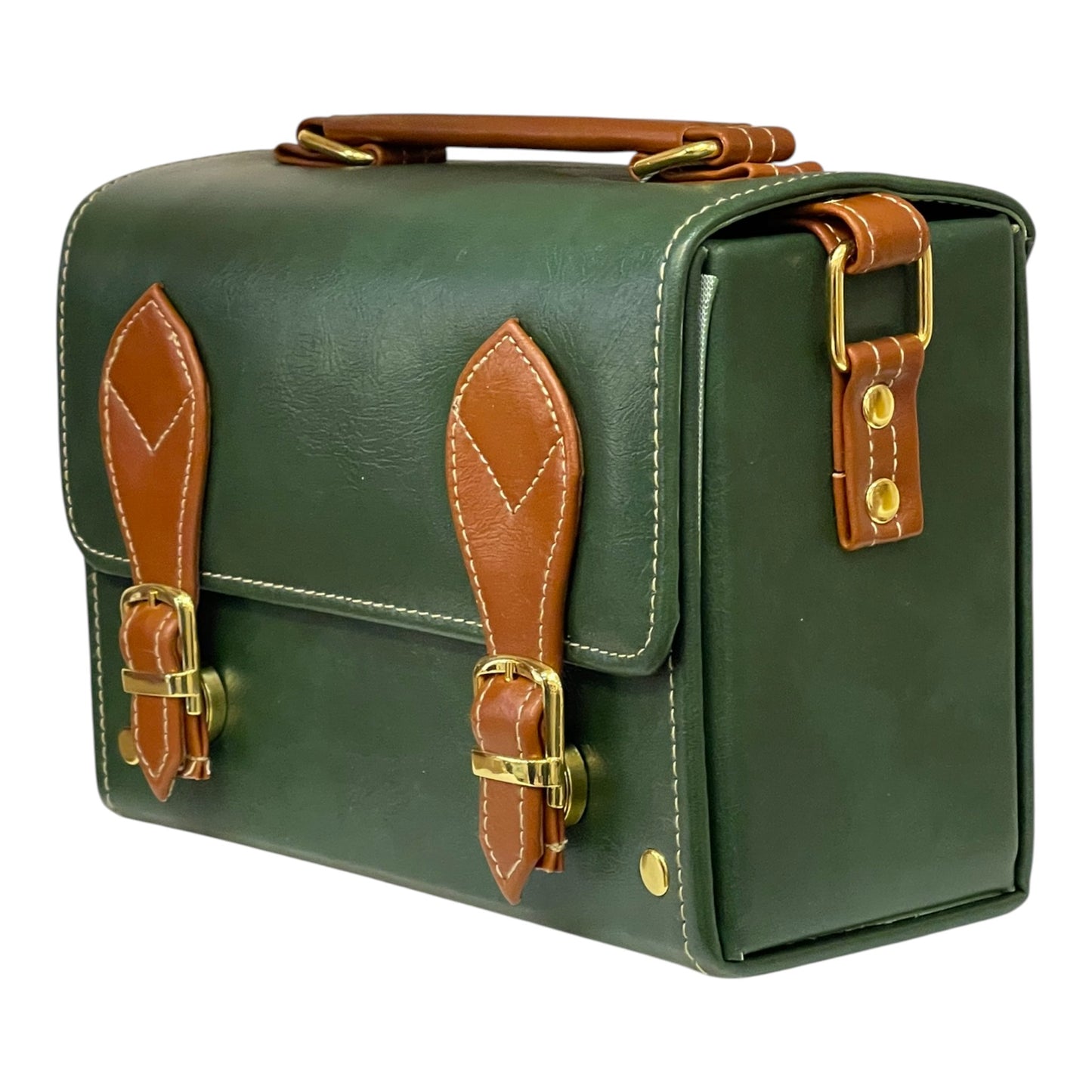 Handmade Green & Brown Vegan Leather Mini Satchel – Retro Crossbody Bag with Gold Buckles | 21x14x9 cm