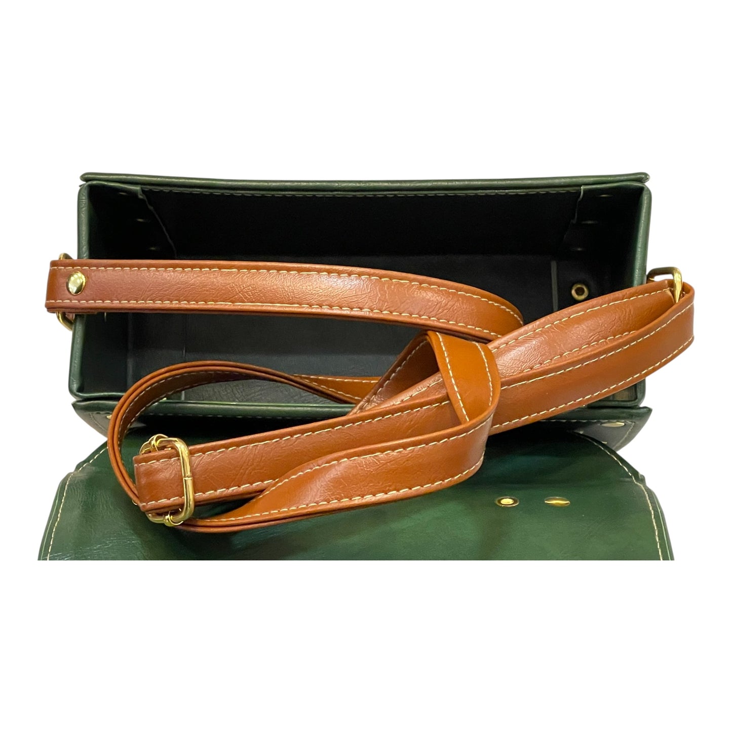 Handmade Green & Brown Vegan Leather Mini Satchel – Retro Crossbody Bag with Gold Buckles | 21x14x9 cm